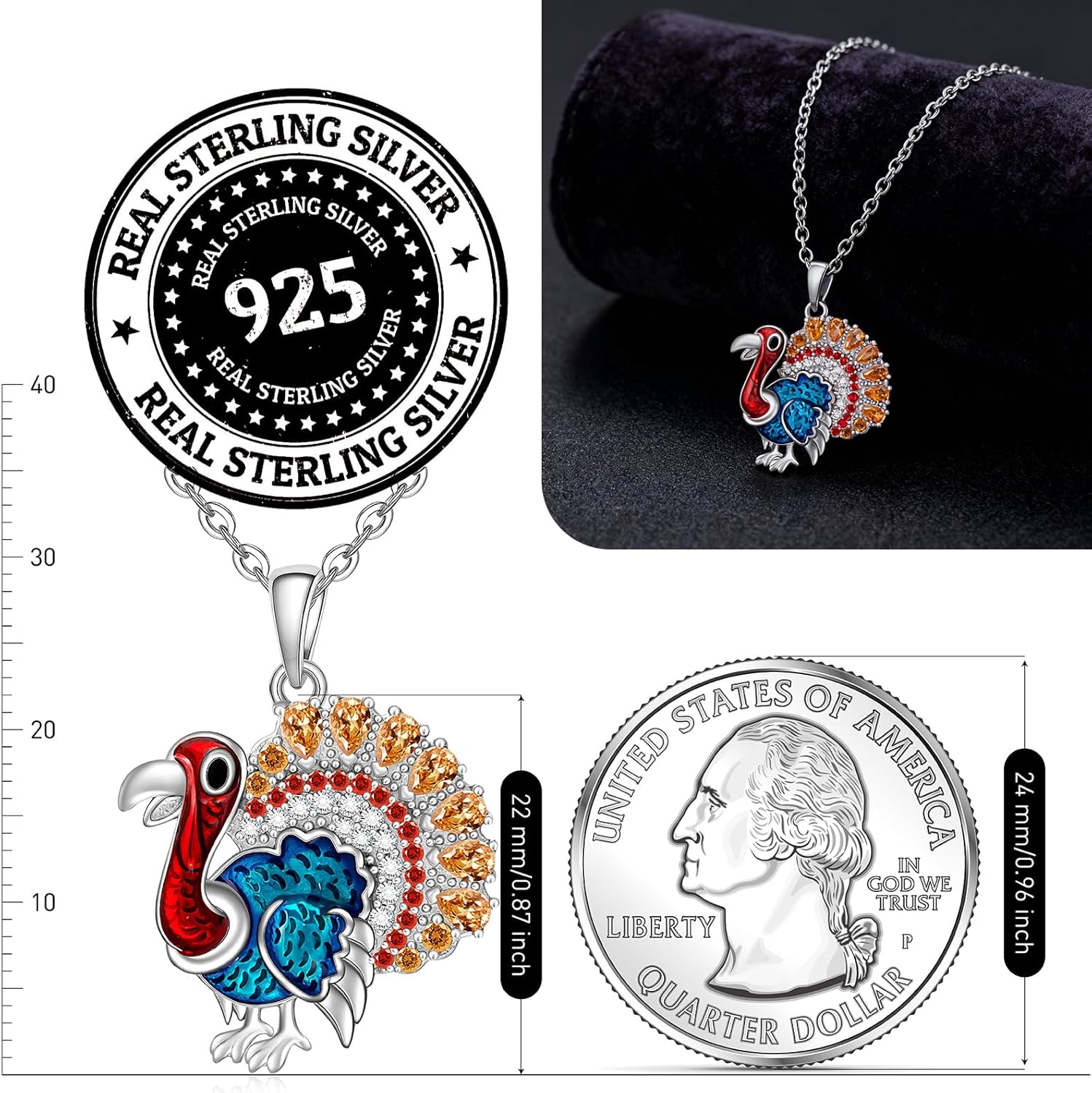 Fenthring Turkey Necklace Thanksgiving Gifts S925 Sterling Silver Thanksgiving Fall Necklaces for Women Autumn Pendant Christmas Holiday Jewelry - Image 5