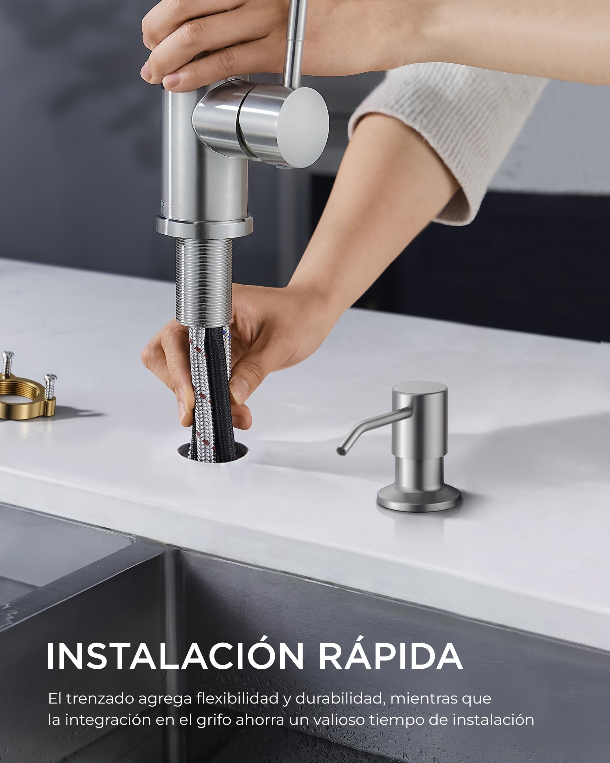 FORIOUS Grifo cocina con dispensador de jabón, Grifo Cocina Extraíble con 2 modos de rociado, mezclador monomando para agua caliente y fría, Acero Inoxidable