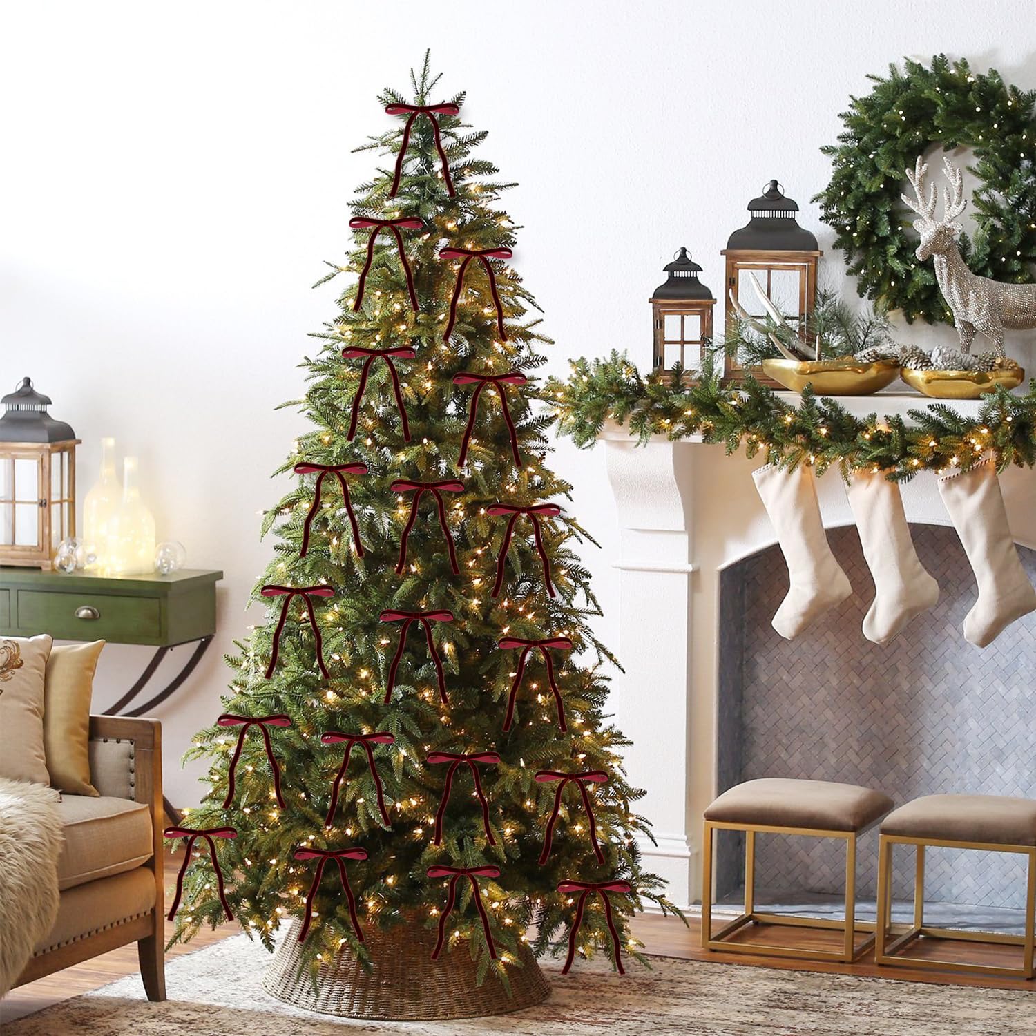 24 lazos de terciopelo de Navidad de 5 x 7 pulgadas, lazo pequeño de terciopelo rústico para adornos de árbol de Navidad, manualidades, coronas, guirnaldas, decoración del hogar para interiores y