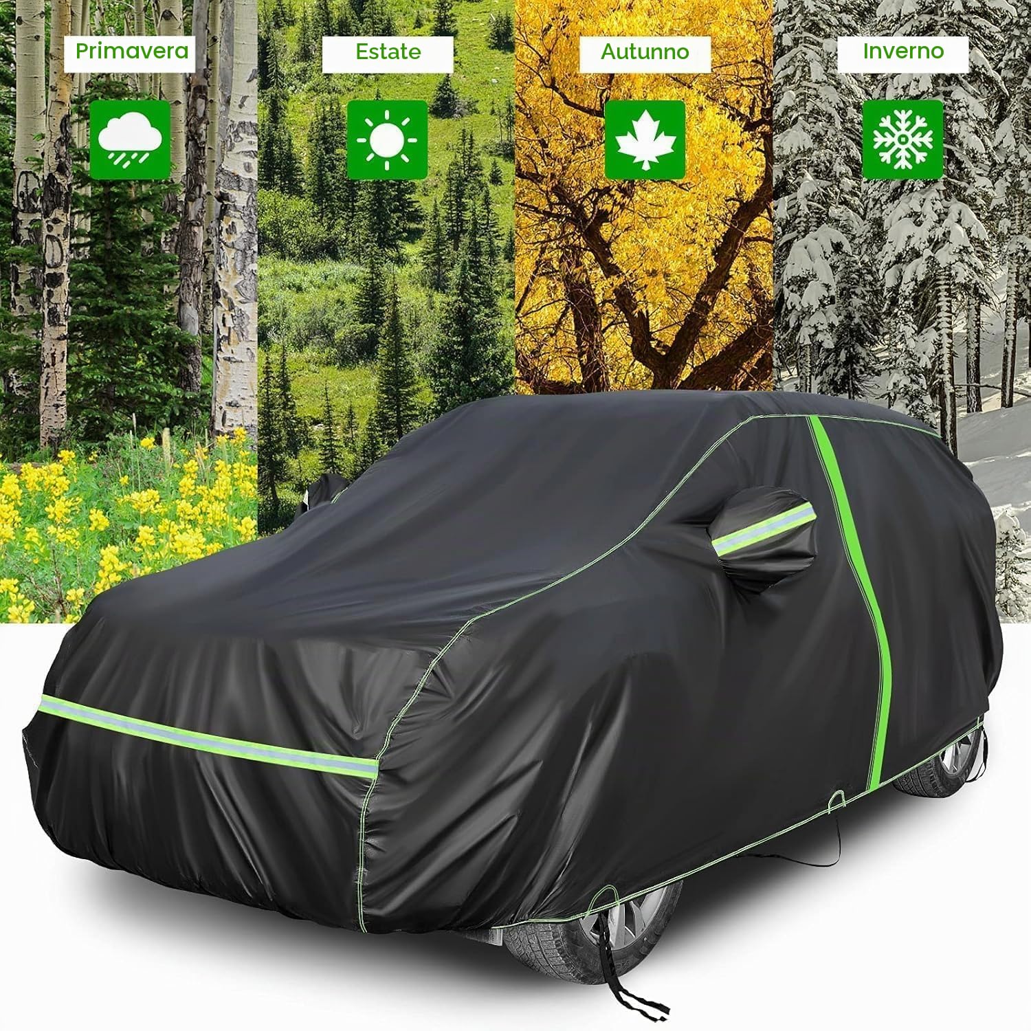 NEVERLAND Telo Copriauto Impermeabile SUV - Telo Copriauto da Esterno PEVA Felpato Cotone Antigraffio Antipolvere Veicoli Fuoristrada Copri Auto con Strisce Riflettenti Zip M (455 x 185 x 170 cm)