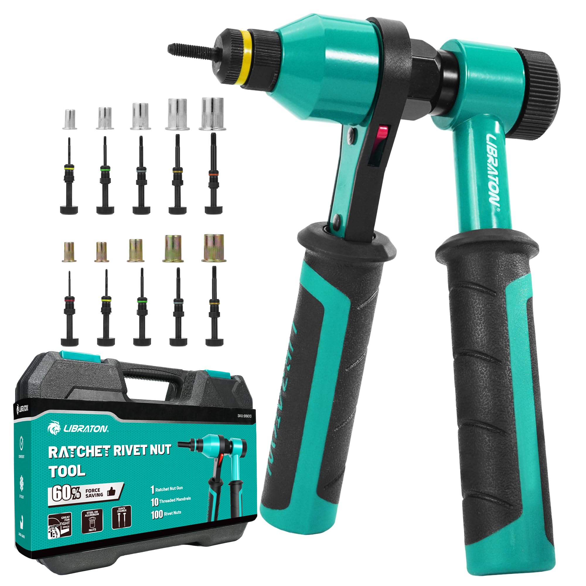 LIBRATON Rivet Nut Tool Kit, Rivnut Tool, Professional Ratchet Rivet Nut Tool, Ratcheting Riv Nut Tool with 10 SAE and Metric Mandrels, 100PCS Rivet Nuts, Rugged Carry Case, Nutsert Kit for Automotive