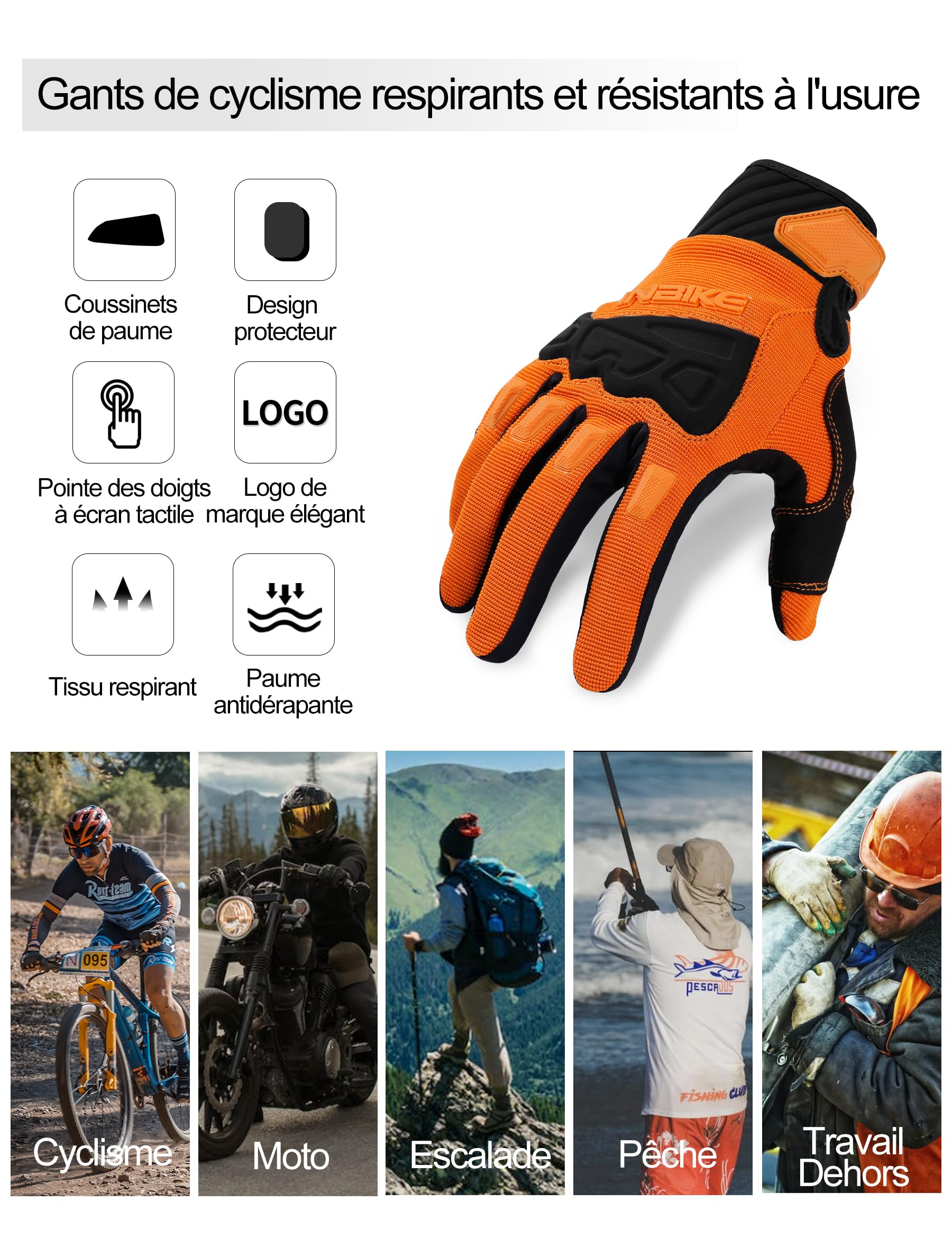 INBIKE Gants de Cyclisme VTT Homme Plein Doigts à Écran Tactile Rembourré Antichoc