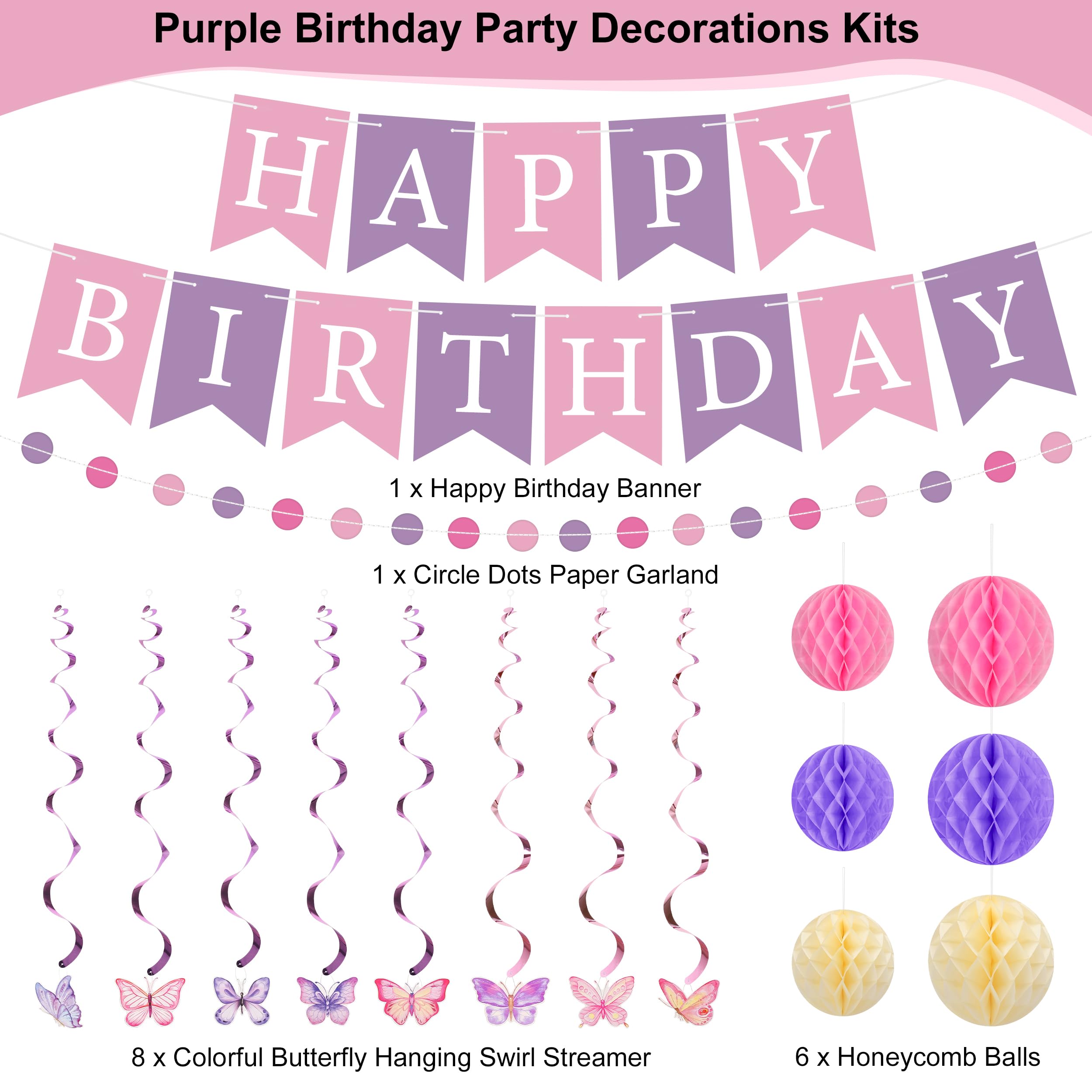 Crosize Purple Butterfly Happy Birthday Decorations Kit for Women Girls Boys Kids, Pre-Strung Birthday Banner Sign with Tissue Paper Poms, Circle Dot Garland, Hanging Swirls Streamers for Party Decor