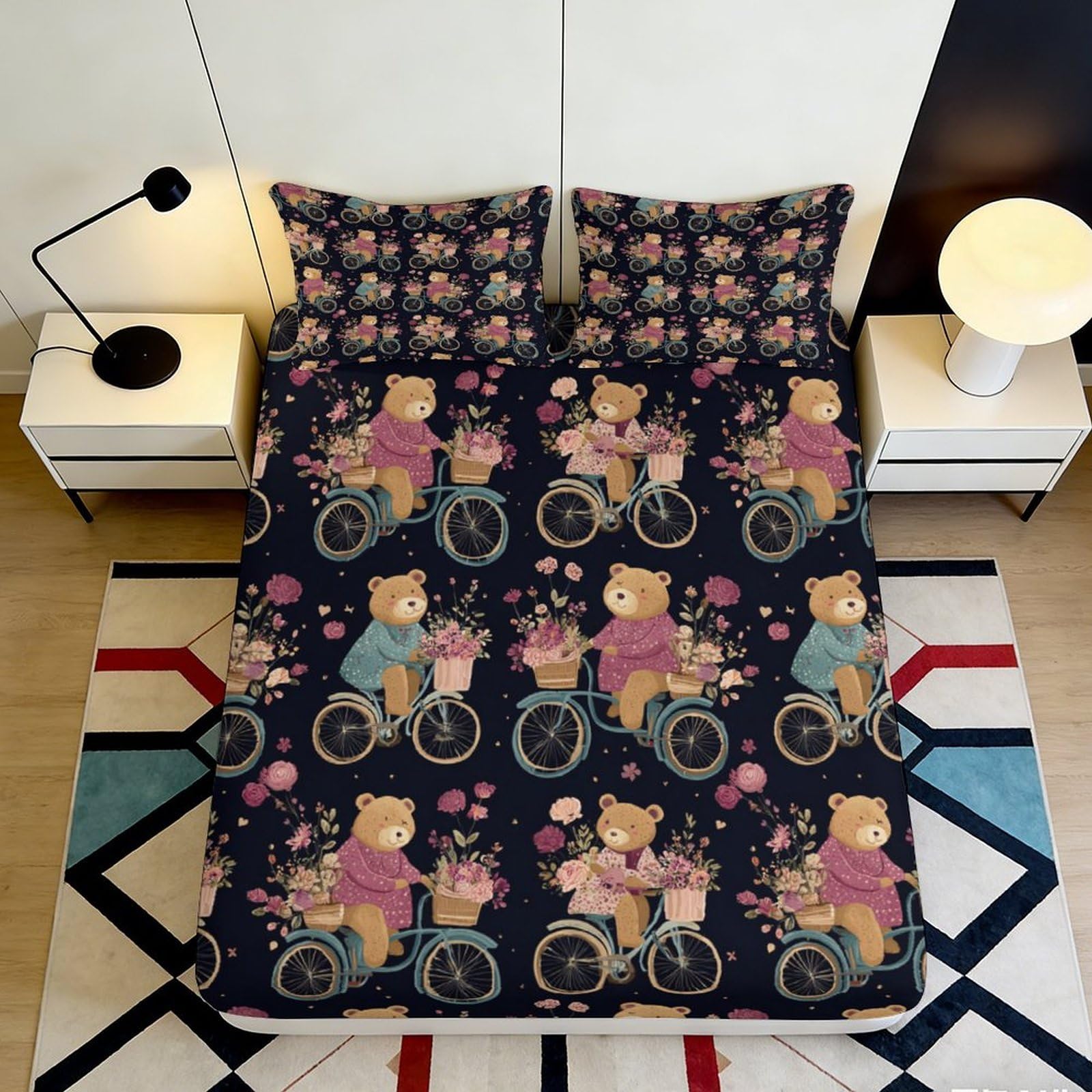 3D Printed Bear Bicycle Fitted Sheet Microfiber Floral Bed Cover for Bedroom Guest Room Dorm Decor Mattress Protection 90x200x25cm