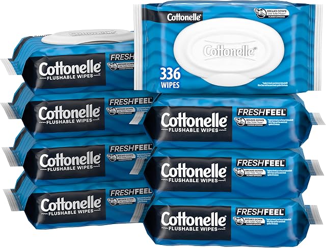 Cottonelle Freshfeel Flushable Wet Wipes, Adult Wet Wipes, 8 Flip-Top Packs, 42 Wipes per Pack (8 Packs of 42) (336 Total Flushable Wipes), Packaging May Vary