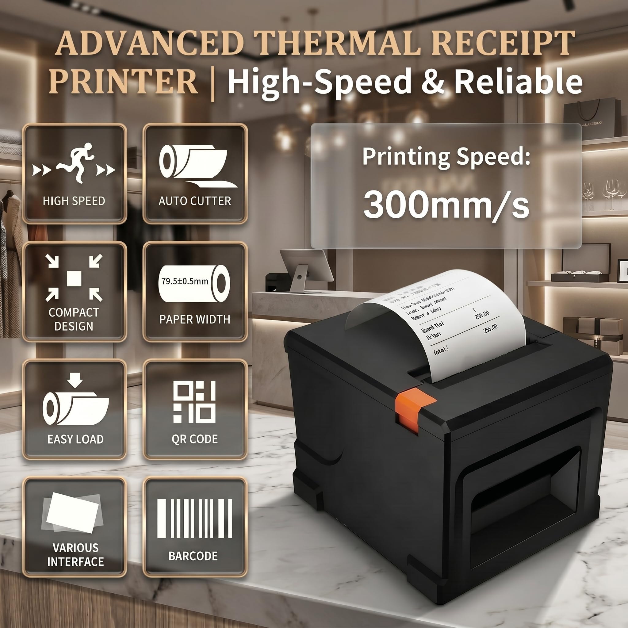 80mm POS Quittungsdrucker mit Auto-Cutter, 300mm/s USB Thermo Bondrucker, für Restaurant & Küche mit Lautsprecher-Signal, ESC/POS kompatibel (Windows/Mac/Linux)