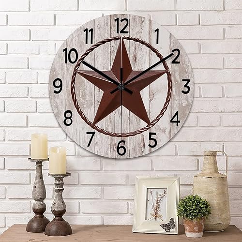 Reloj de pared retro de estilo rústico con estrella de Texas occidental, reloj de madera, silencioso, sin tictac, funciona con pilas, para sala de