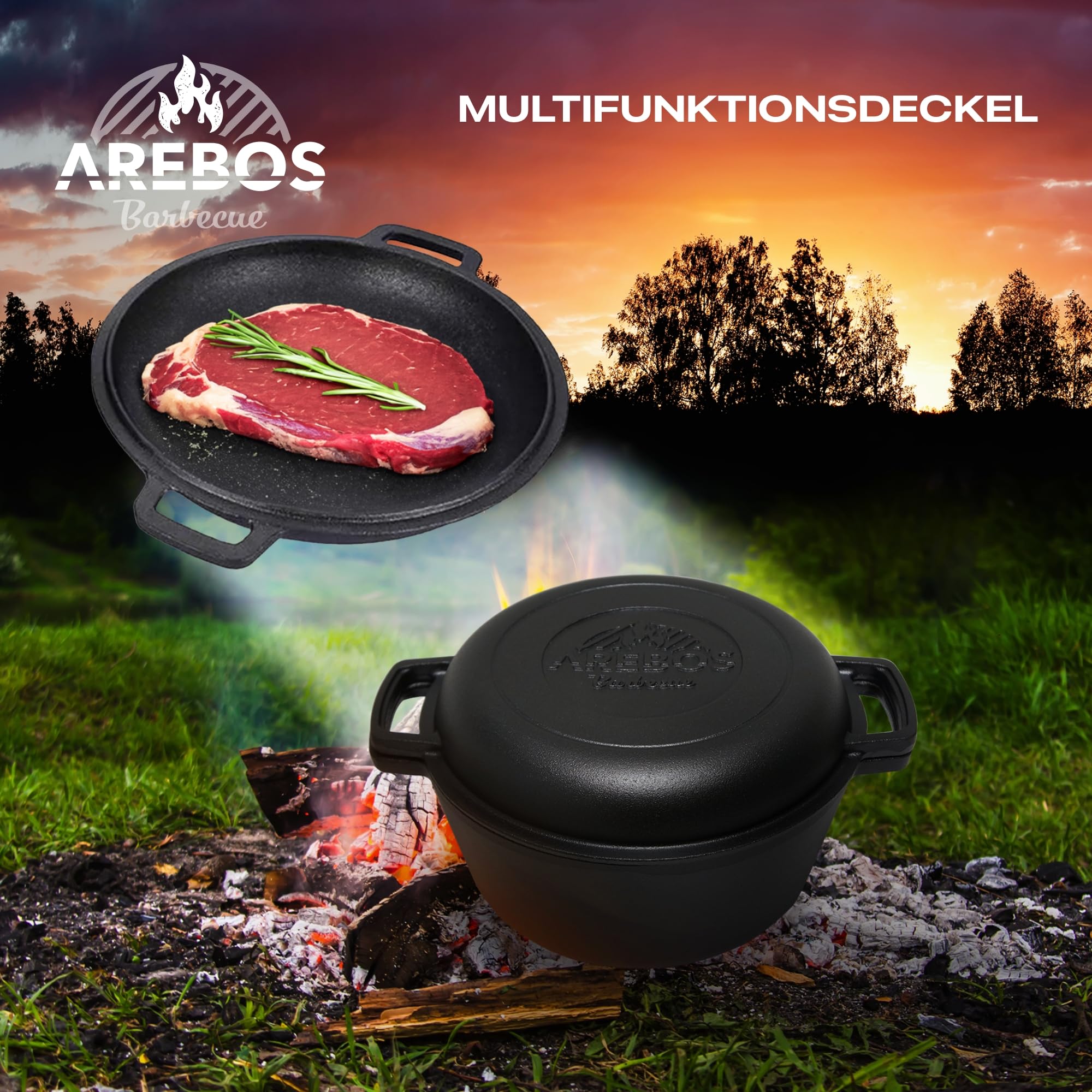 Arebos Dutch Oven Set 2in1 | Gusseisen Topf 4,8 L & Pfanne 1,8 L | Eingebrannter BBQ Feuertopf & Bratpfanne inkl. Zubehör | Doppelfunktion Deckel/Bratpfanne | Gulaschkessel für Outdoor & Indoor