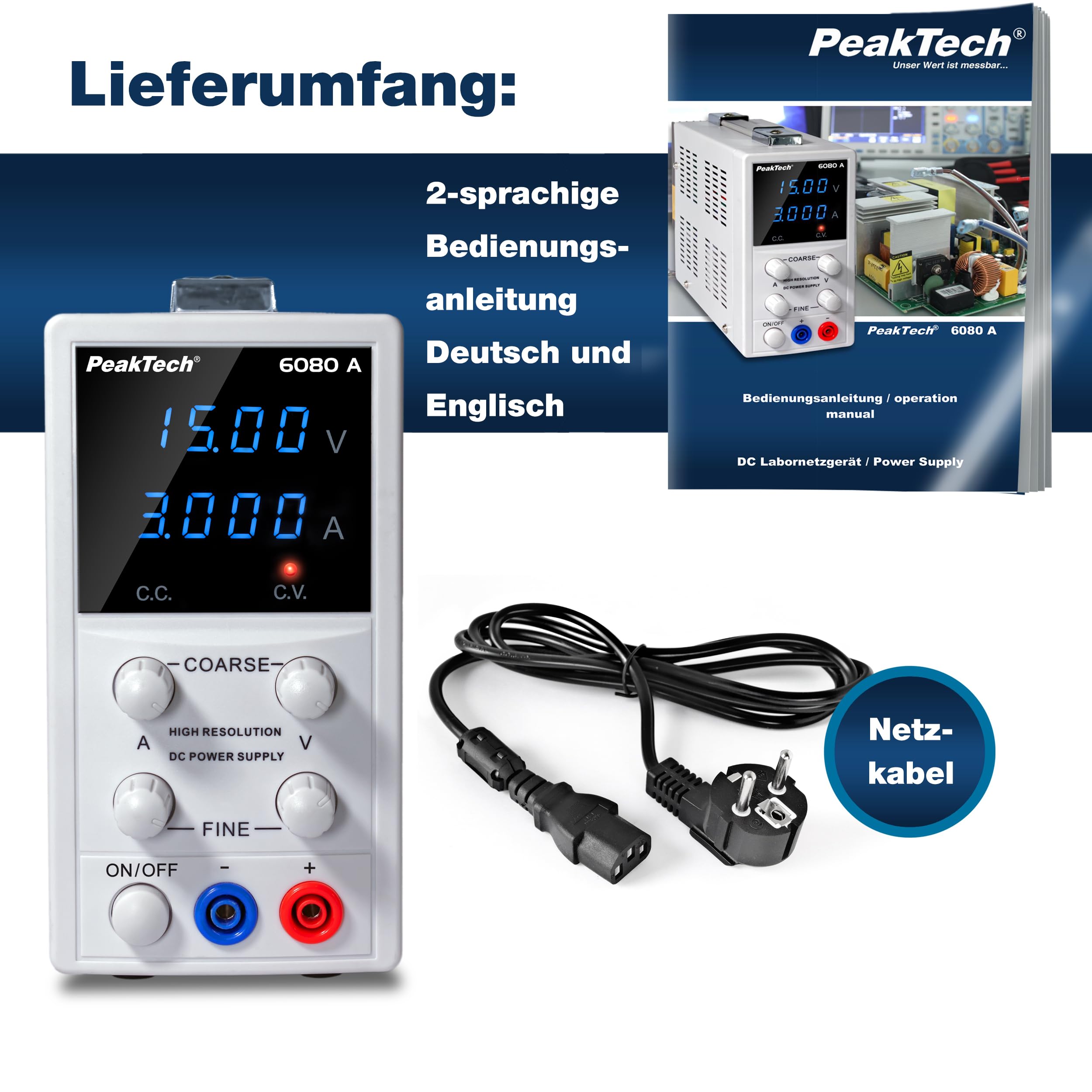 PeakTech P 6080 A – Hochauflösendes Labornetzteil 0-15V / 0-3A DC – Professionelles Labornetzgerät mit LED-Display – Hochwertiges Labor Netzteil mit 1mA und 10mV Auflösung – 54W