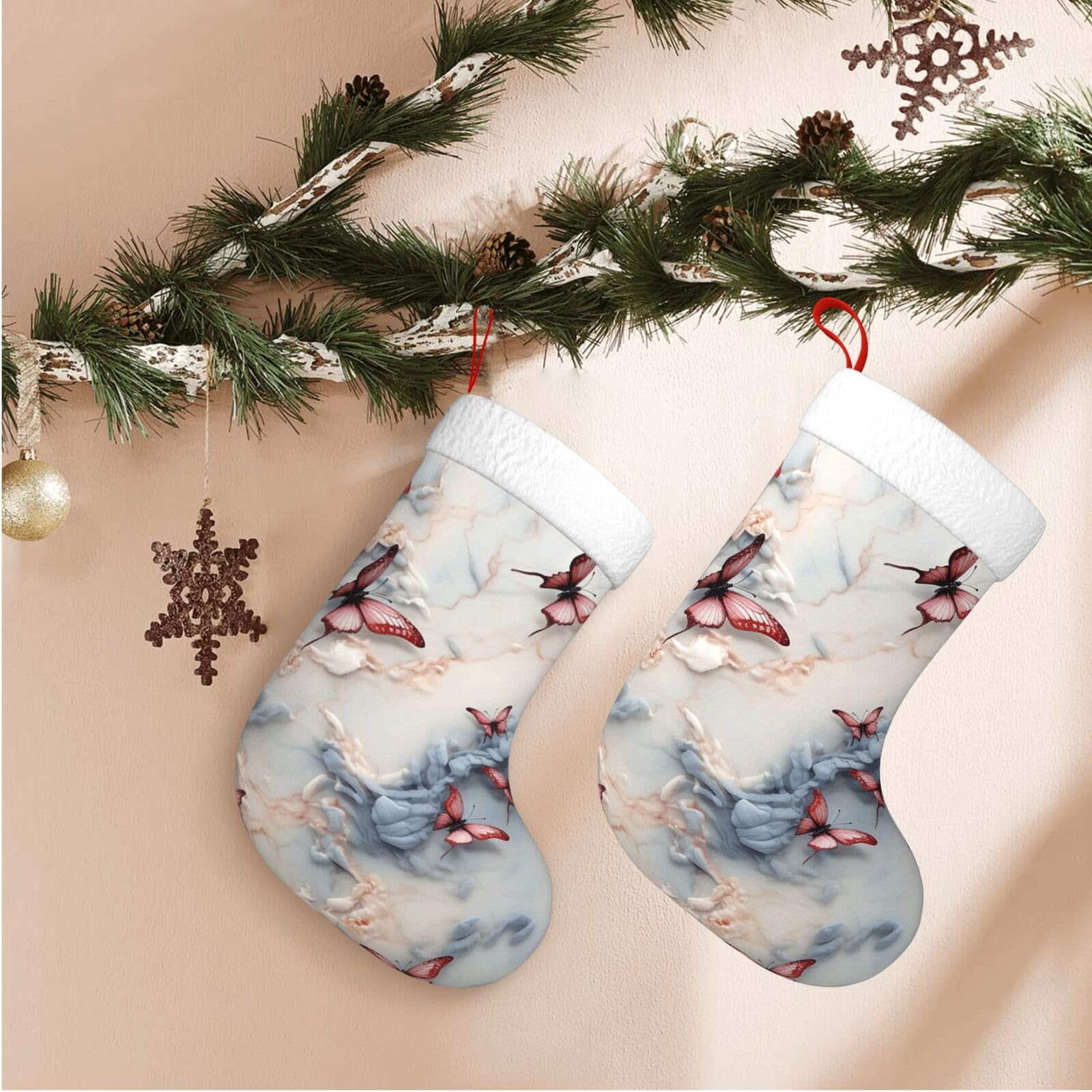 17.7" Christmas Stocking 1 Piece, Marble and Butterfly Xmas Stockings with White Plush Cuff Fireplace Hanging Stocking for Christmas Holiday Party Decoration