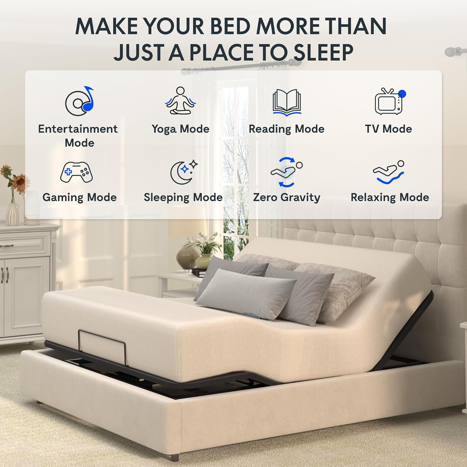 Image showing various lifestyle modes for the adjustable bed frame, including Entertainment Mode, Yoga Mode, Reading Mode, TV Mode, Gaming Mode, Sleeping Mode, Zero Gravity, and Relaxing Mode.