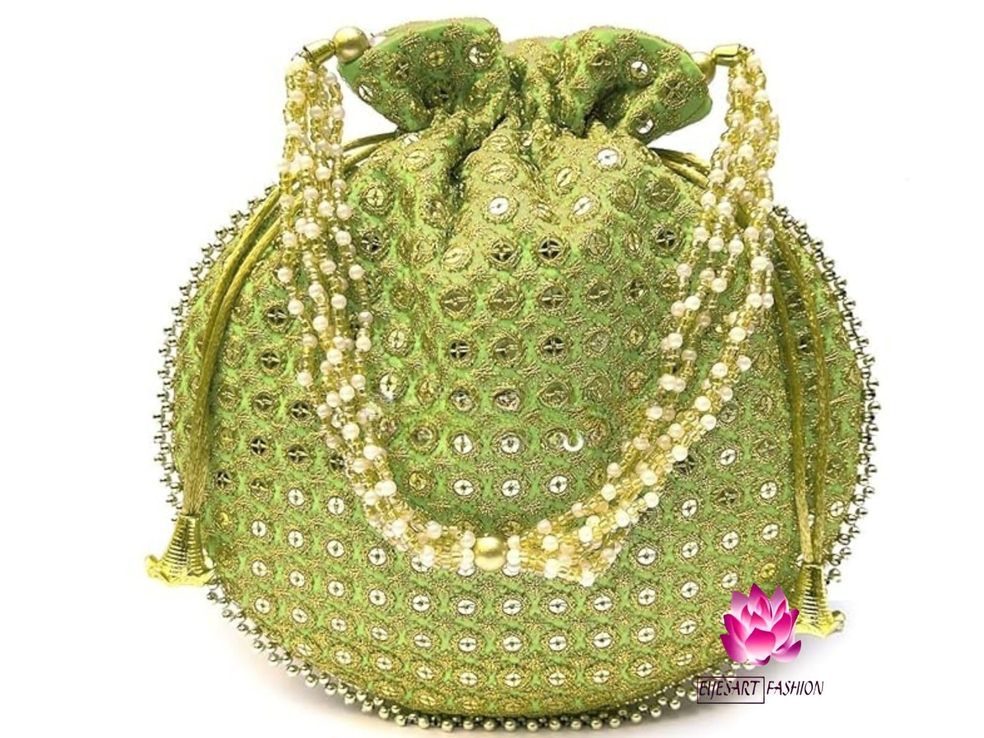 Potli Bag For Women Ethnic Designer Embroidery Work Batwa Pearls Handle With Intricate Bridal Drawstring Stylish Bridal Women
