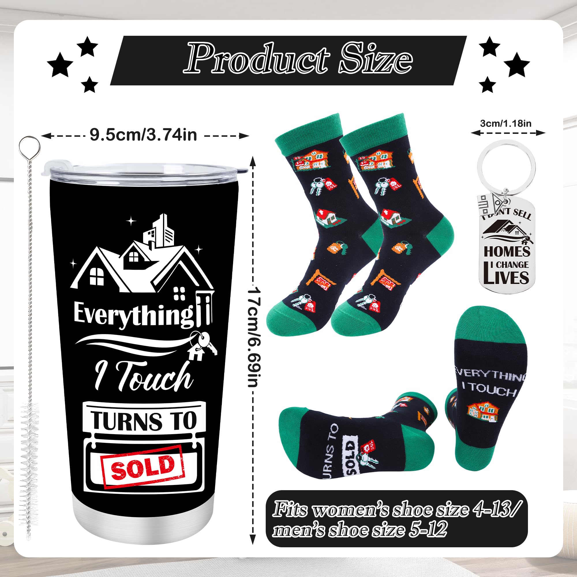 Keluna Realtor Gifts for Women Men - 3Pcs Real Estate Agent Gifts, 20oz Realtors Tumbler with Lid Straw, Keychain, Socks, Funny Christmas Birthday Closing Presents for Real Estate Agent Salesman