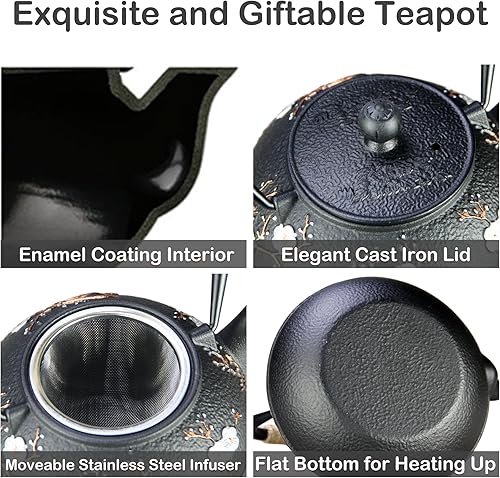 Vista 8 de Tetera SECHUDO de hierro fundido para estufa, segura con revestimiento interior esmaltado, hermosa tetera japonesa con infusor de acero inoxidable