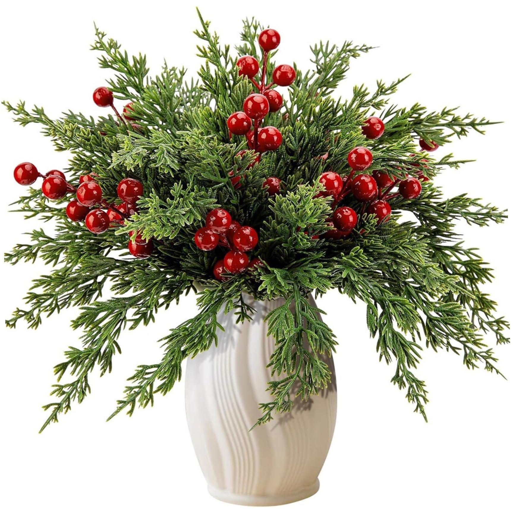 CAKEEYUM 45Pcs Christmas Picks Lifelike Pine Branches and Red Berry Stems DIY Plastic Floral Picks for Xmas Tree Ornaments Garland Wreath Artificial Pine Branches, Christmas Greenery, Decor