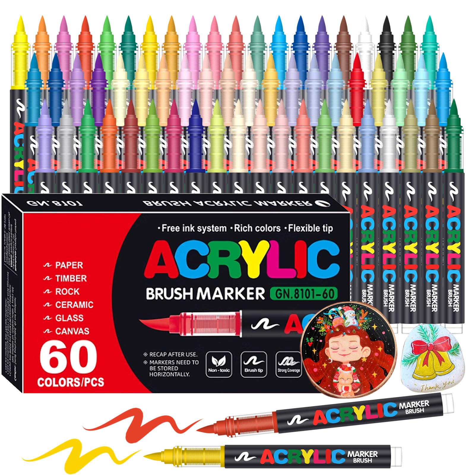 Acrylic Paint Markers, Soft Brush Tip Pens and Markers, Acrylic Paint Pens for Wood, Stone, Canvas, Glass, Fabric, Egg, Rock Painting and DIY Crafts Art Supplies (60)