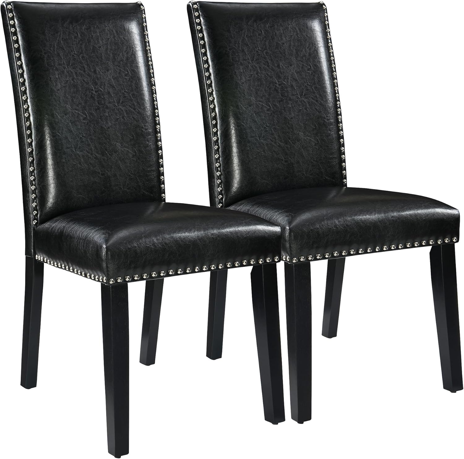 LEEMTORIG Set of 2 Upholstered Parsons Dining Chairs, Faux Leather Dining Room Kitchen Side Chair with Nail-Head Trim for Living Room Bedroom Outdoor Lounge Guest Cafe, Midnight Black CY-1122-BK
