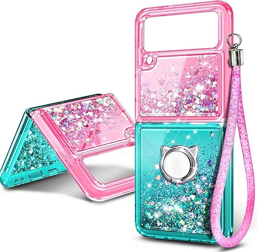 Miniatura 3 de NGB Supremacy Funda para Samsung Galaxy Z Flip 3 5G (2021) con soporte de anillocorrea para la muñeca, brillo líquido flotante con purpurina linda