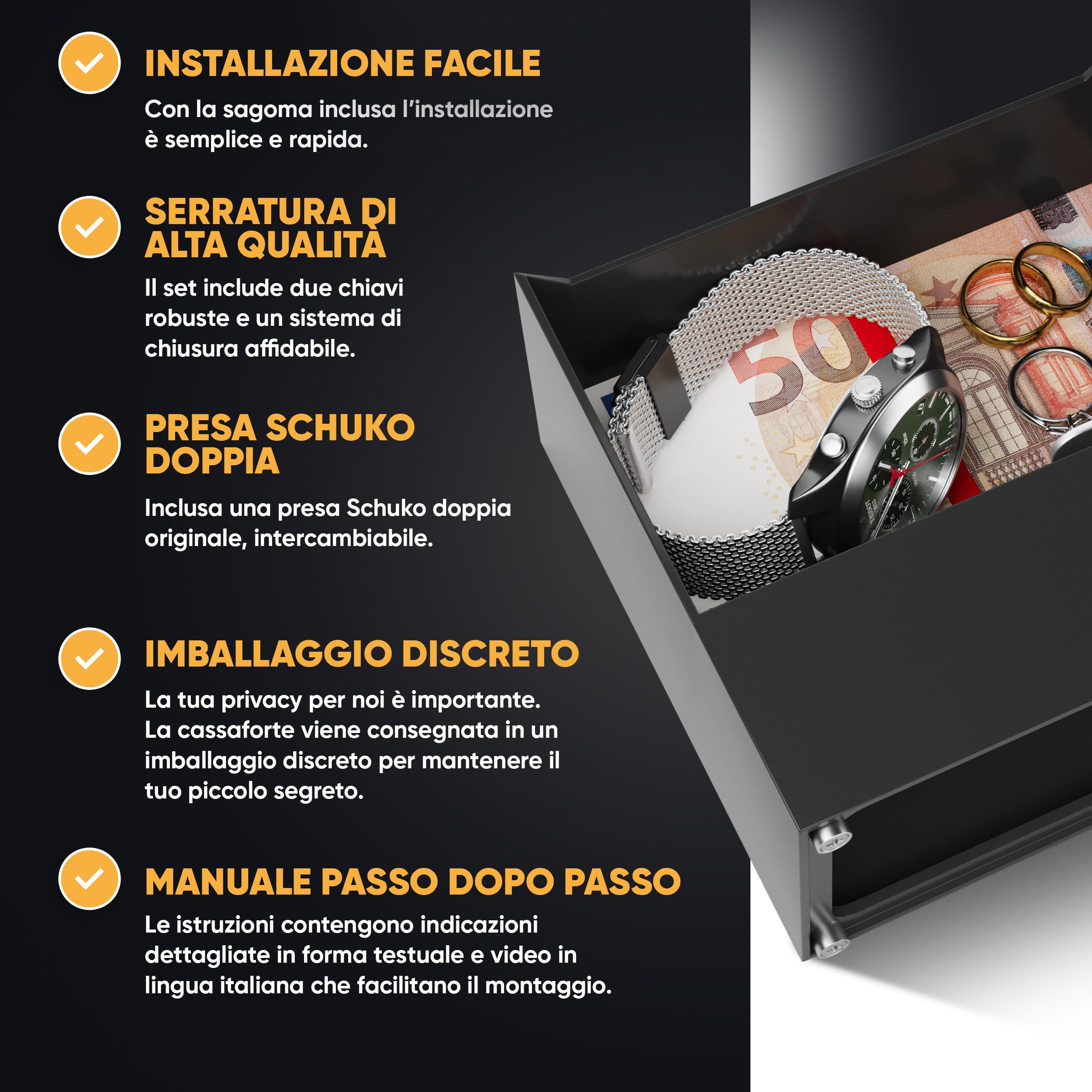 Elder Welder® Cassaforte Invisibile a Presa Elettrica | Compatibile con Qualsiasi Presa Doppia Schuko | Mini Cassaforte a Muro con Chiave | Nascondiglio per Soldi