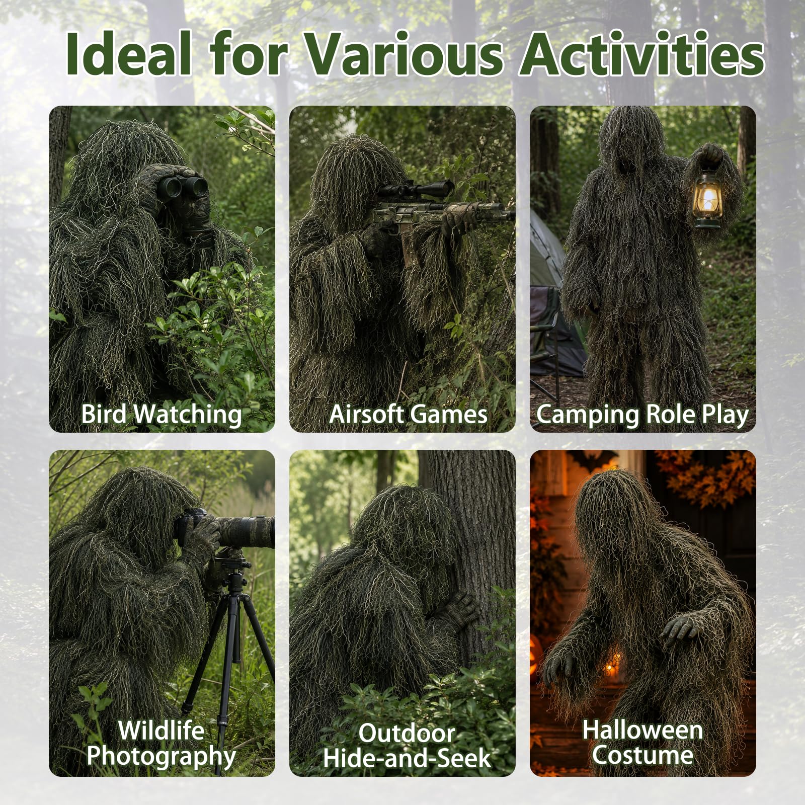 MOPHOTO Ghillie Suit 3D Leafy Camo Camo Tuta da caccia, Woodland Gilly Suits Gillies Abiti da uomo, Foglie Camouflage Caccia