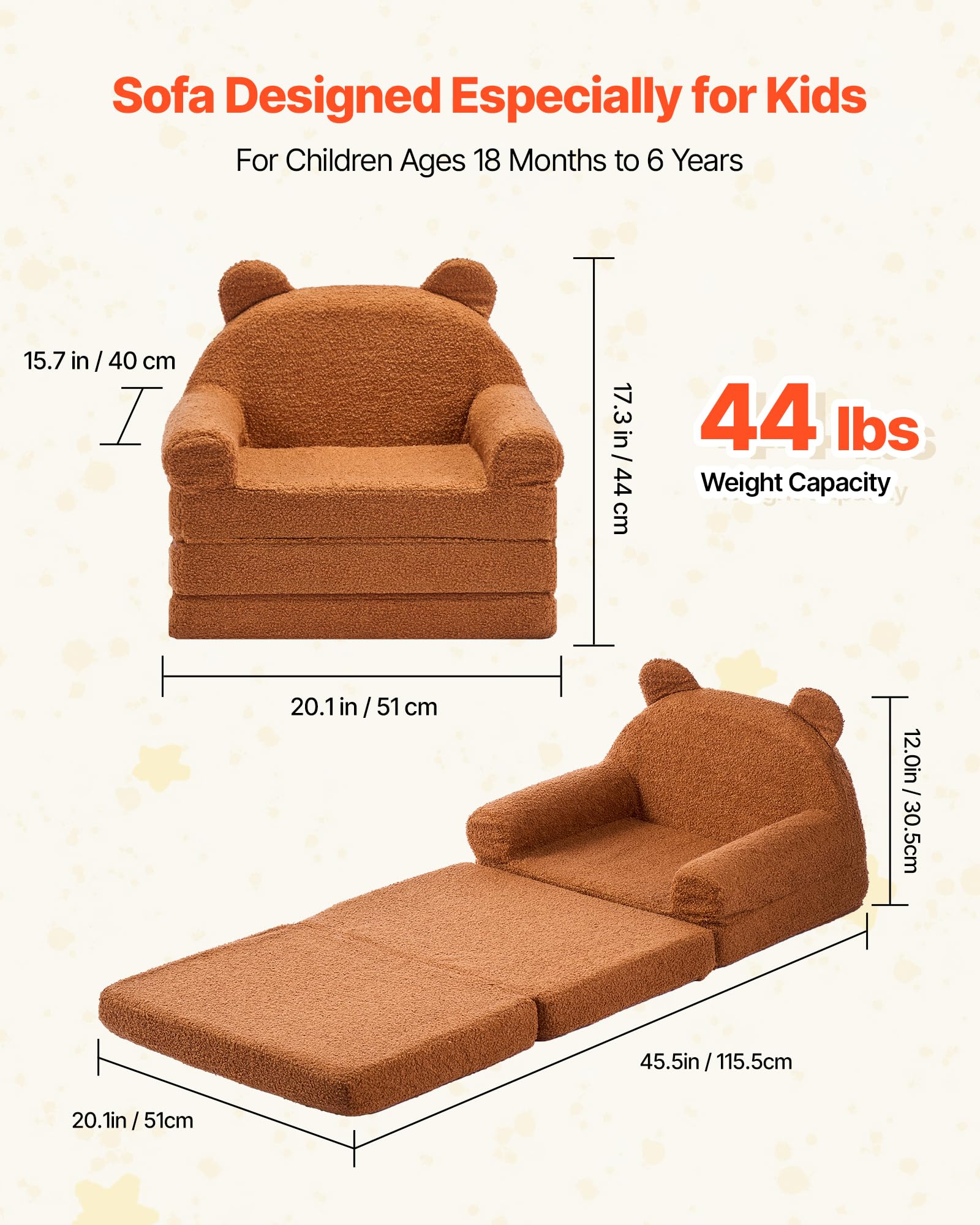 VEVOR Fauteuil pour Enfants Convertible 2-en-1, Canapé-lit Pliable et Moelleux, avec Accoudoirs, en Éponge 28D et Polaire Bouclette, Sofa Tout-Petits pour Chambre d’Enfants Salle de Jeux, Marron, M