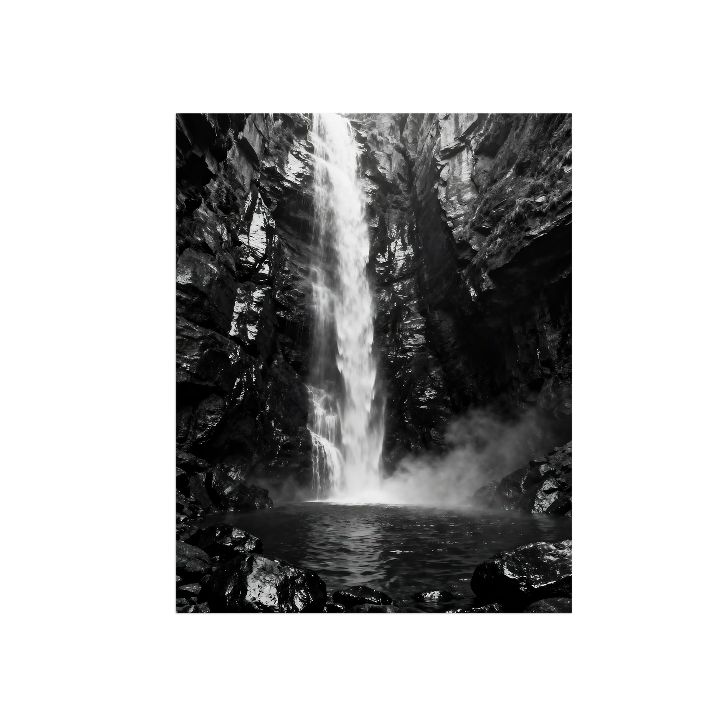 Waterfall Lake Black White Landscape Wall Art Prints 80x105cm Unframed