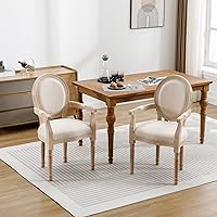 GDFStudio French Vintage Dining Armchairs Set of 2 - Solid Rubberwood, Beige Linen Upholstery, Carved Arms & Tapered Legs for Kitchen or Dining Room