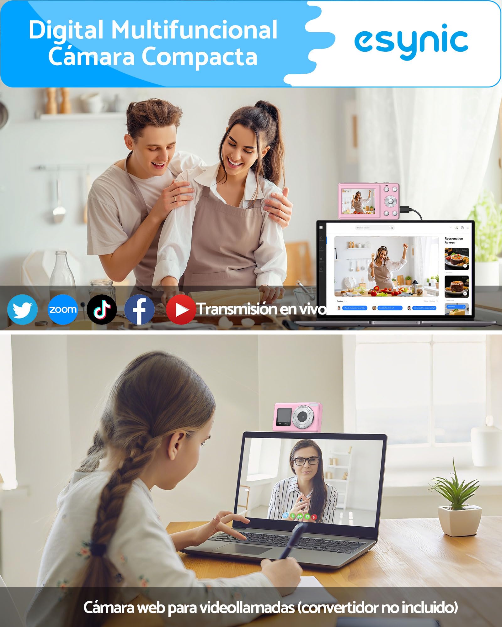 eSynic Cámara Fotos Infantil 4K 48MP con Tarjeta SD 32G, Zoom Digital 18X, Pantalla Dual para Selfies, Cámara Digital Compacta y Portátil para Niños y Principiantes, Ideal para Vlogging y Fotos