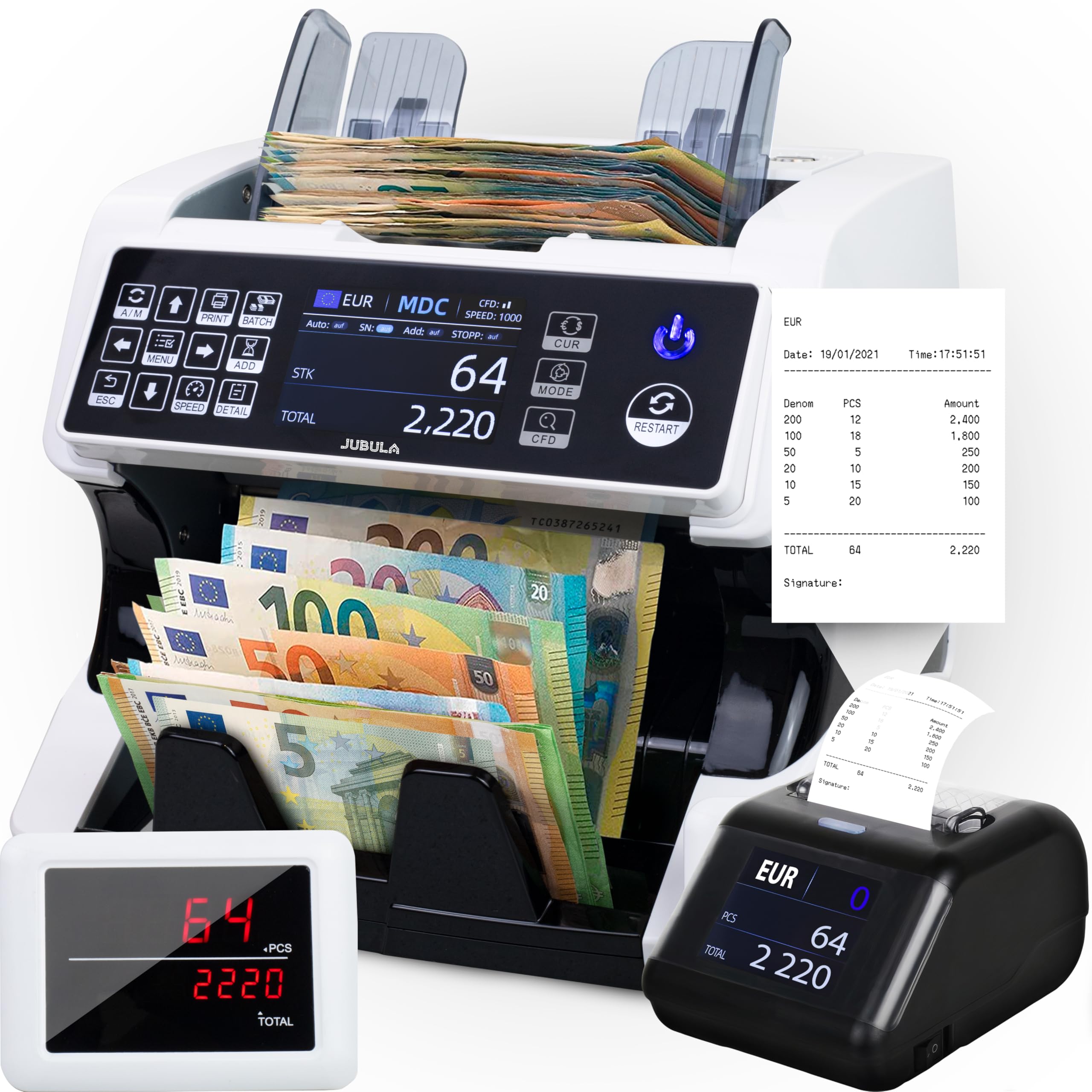 MV-500 Compteuse de billets de banque mixtes Bundle avec Jubula MPR-1 | EUR USD GBP etc. | Sûr | Exact | Compteur de valeurs pour billets mixtes
