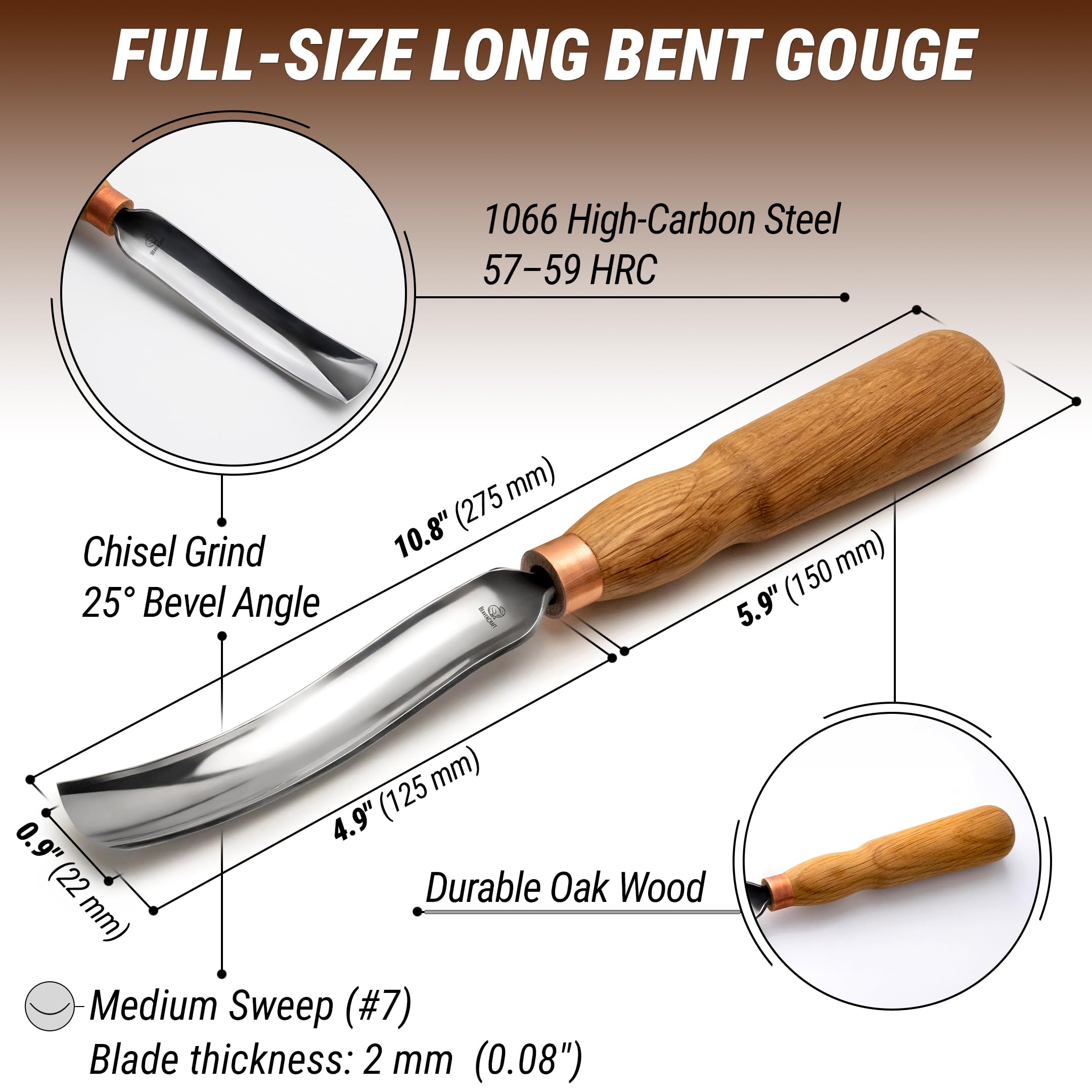 BeaverCraft Sgorbia per Intaglio Legno 7L/22, Strumenti per Scolpire Cucchiai, Scalpelli - Sgorbia per Ciotole, Scalpello Curvo per Legno