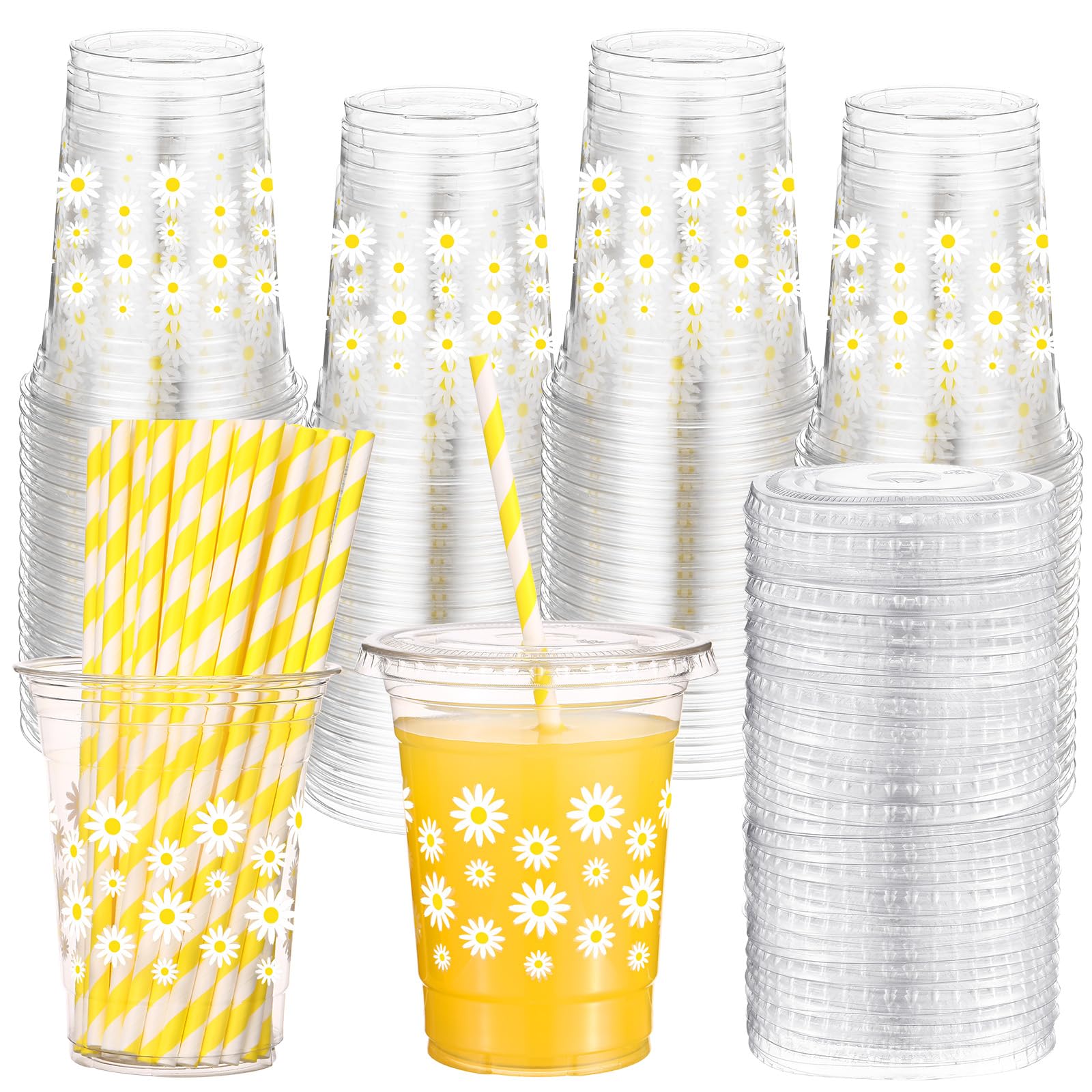 Yungyan 50 Sets Daisy Groovy Plastic Cups with Lids and Straws 16 oz Coffee Juice Drinking Cups for Daisy Party Decoration Summer Birthday Baby Shower