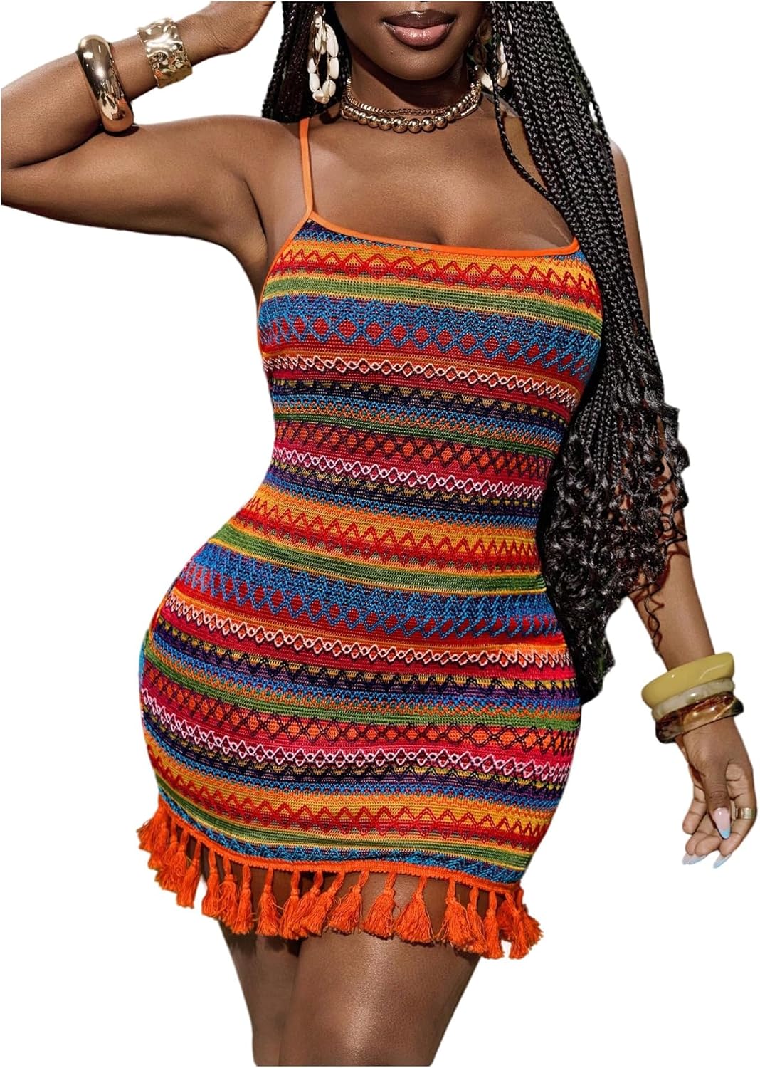 Women's Striped Crochet Mini Dress Chevron Tassel Fringe Bodycon Dress Crisscross Backless Boho Cami Dresses