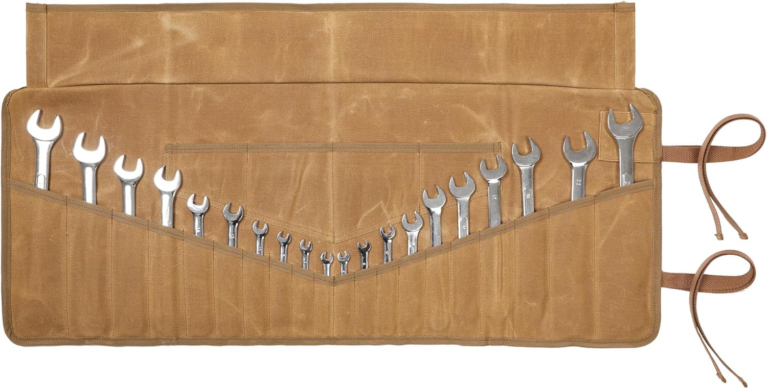 Tool Roll, Wrench Organizer Roll Up Tool Bag & Heavy Duty 16 OZ Waxed Canvas Tool Roll with 24 Pockets (33.5 X 13.5 IN | Grey)