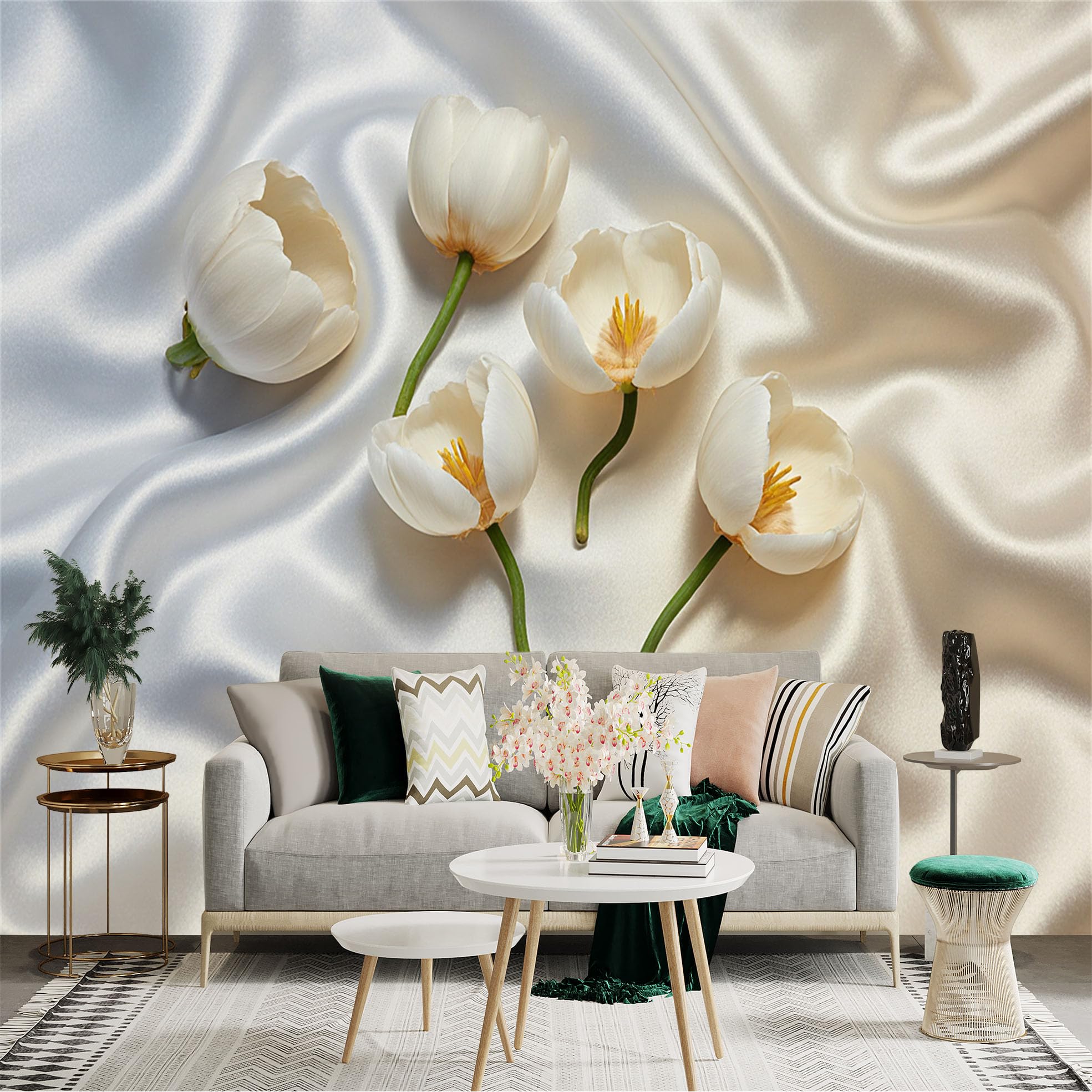 Custom Size Wall Sticker Mural， Elegant White Tulips on Silky Fabric， Soft Floral Background， for wall Decoration， peelandstick wall Decals.