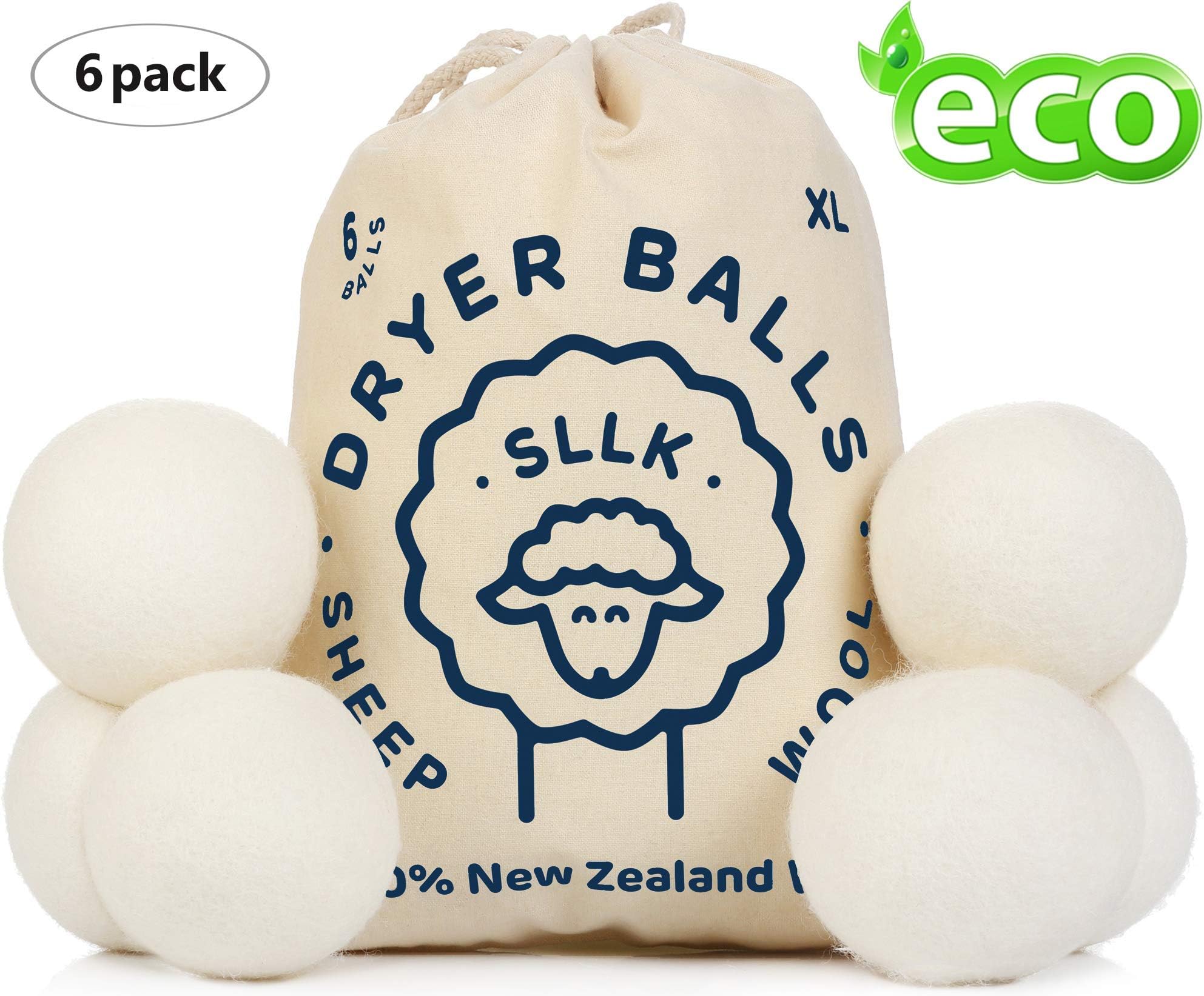 Wool Dryer Balls Organic - Exัlusive New 2018 - Wool Laundry Balls - Wool Dryer Sheets - Dryer Balls Laundry - Clothes Dryer Balls - Natural Fabric Softener Pack 6 New Zealand Wool White
