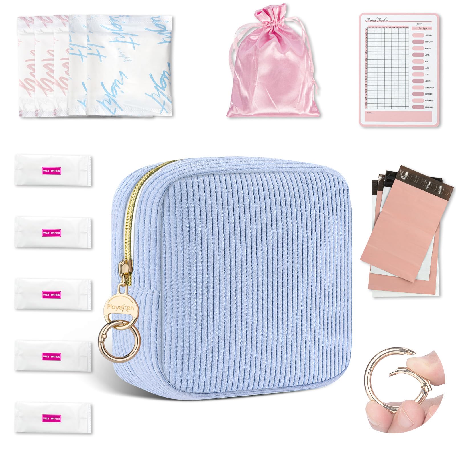 First Period Kit for Girls, Corduroy Cute Sanitary Napkin Storage Bag, Menstrual Pad Bag Tampon Holder for Purse, First Period Gifts (Blue)