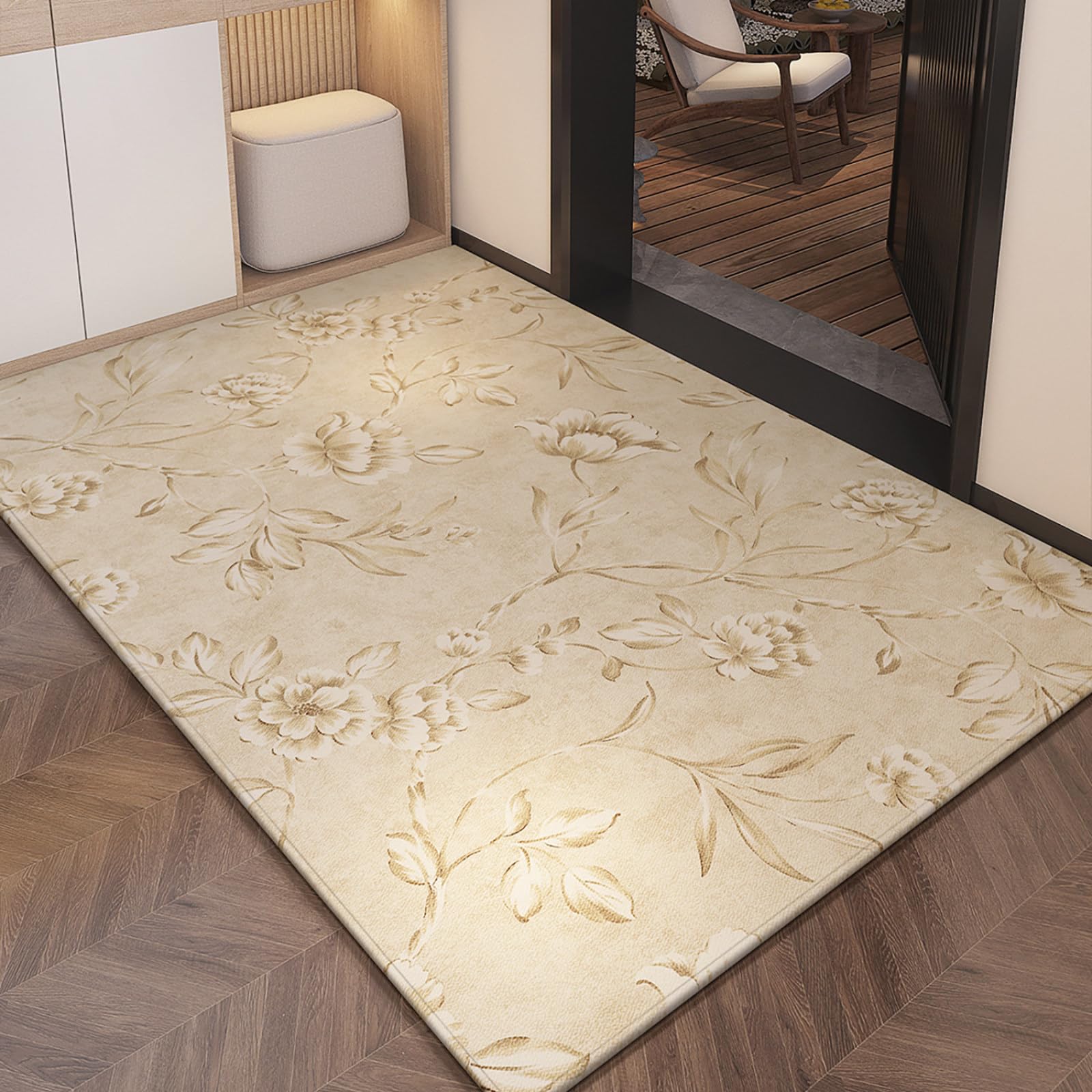 Felpudo Entrada Casa 90x150 Patrón De La Vid Floral Amarillo Beige Felpudo Exterior Antideslizante Lavable Felpudos para Pasillo Cocina Puerta Jardín Decoración Alfombrilla para Entrada