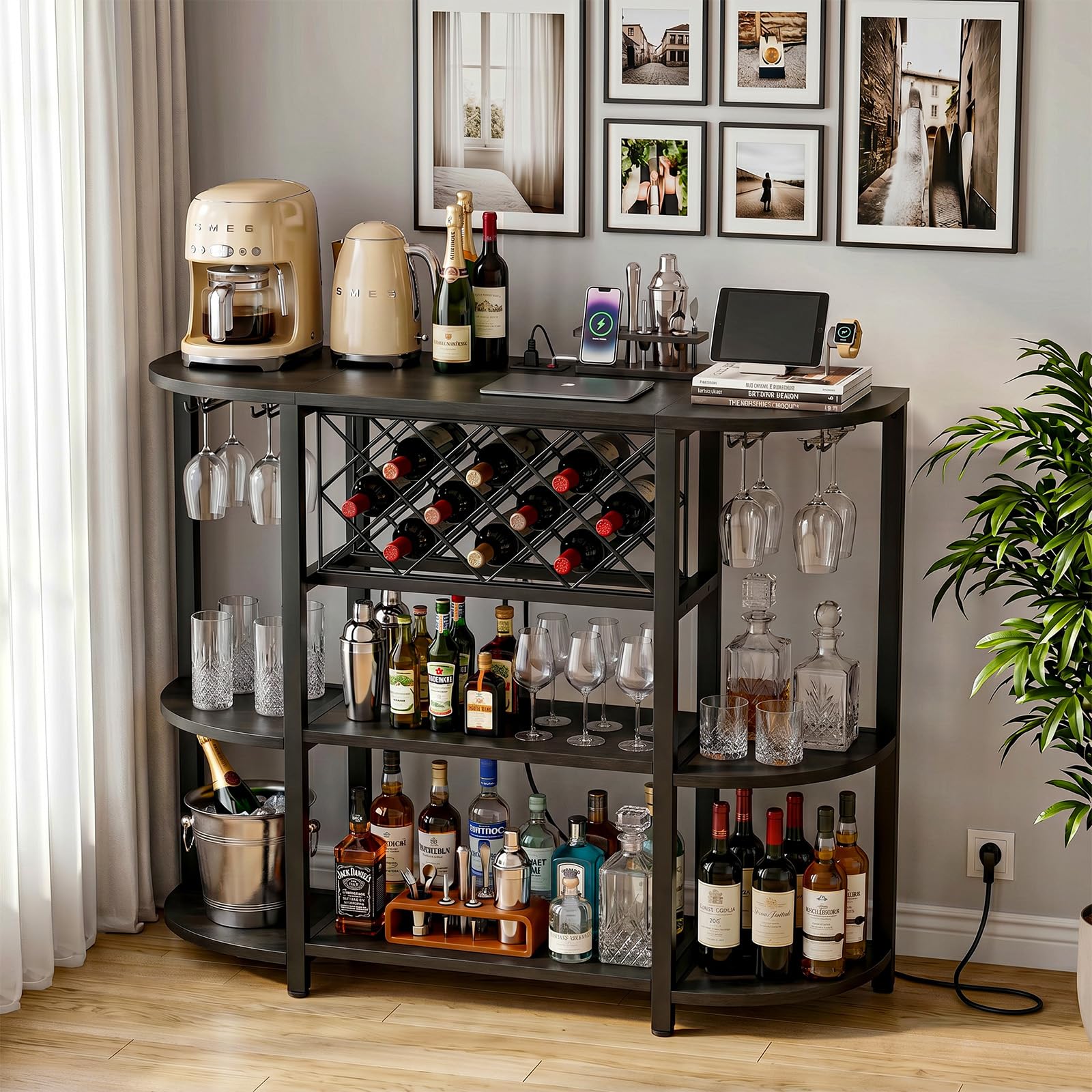 Homieasy Vinoteca Botellero Mueble Bar con LED RGB USB-C Industrial | Madera y Metal, 120 X 40 X 91 Cm, Para Cocina y Salón