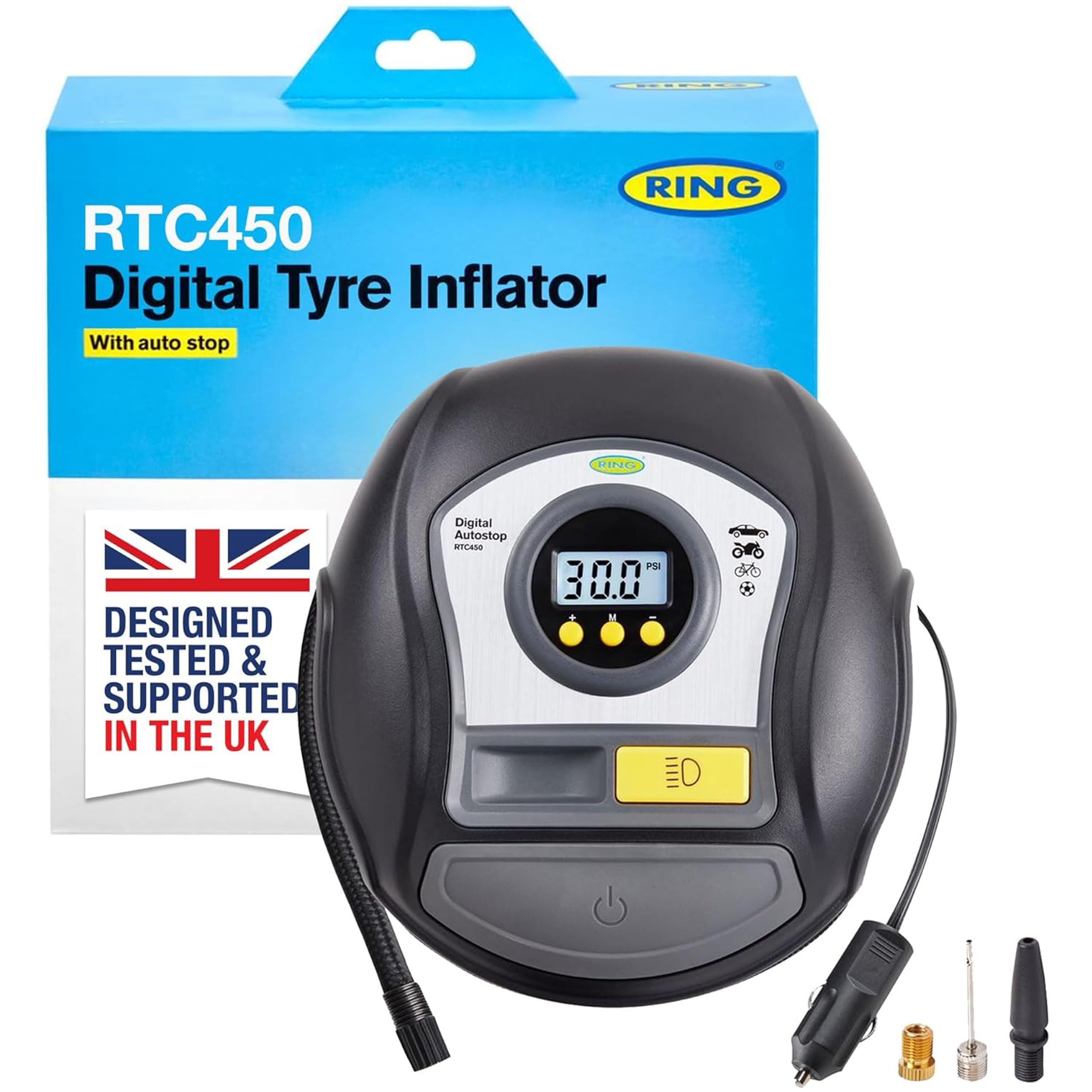 RING TYREINFLATE 450 Digital Tyre Inflator Air Compressor With Auto-Stop functionality - Measures in PSI, BAR & kPA