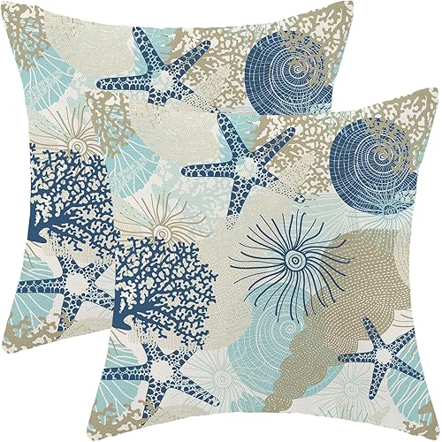 Coastal Pillow Covers 20x20 Inch Set of 2 Starfish Ocean Themed Beach Decor Throw Pillows Turquoise Navy Blue Beachy Nautical Summer Outdoor Decorative Cushion Cases for Couch Decorations
