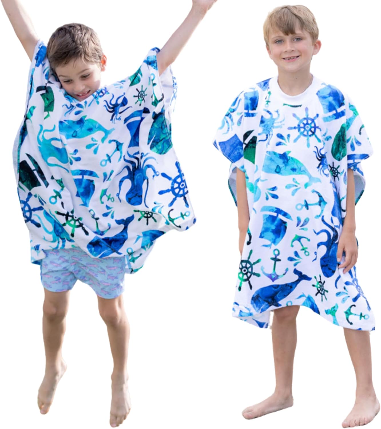 Tee Tops Wearable Beach Towel for Kids, Child Poncho, Changing Towel, Swimsuit Coverup, Surf Robe, Poncho Towel Kids, 100% Cotton, Pirate, Whale (Blue Lagoon)