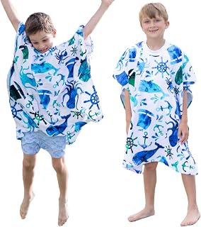Wearable Beach Towel for Kids, Child Poncho, Changing Towel, Swimsuit Coverup, Surf Robe, Poncho Towel Kids, 100% Cotton, Pirate, Whale (Blue Lagoon)