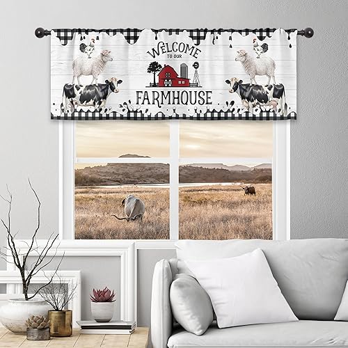 Cinbloo Cortinas de cocina de granja de 52 pulgadas de ancho x 18 pulgadas de alto, bolsillo para cortinero, cenefa de oveja occidental, madera