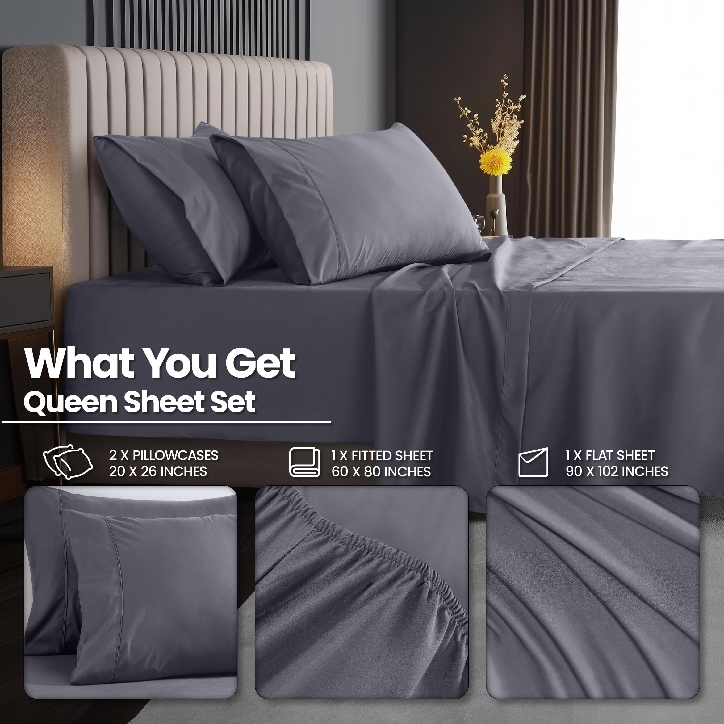 Utopia Bedding Deep Pocket Queen Sheet Set – Fits Mattresses Up to 21 inches – Cooling, Soft & Breathable – Oeko-Tex 4 Piece Bed Sheets (Grey)