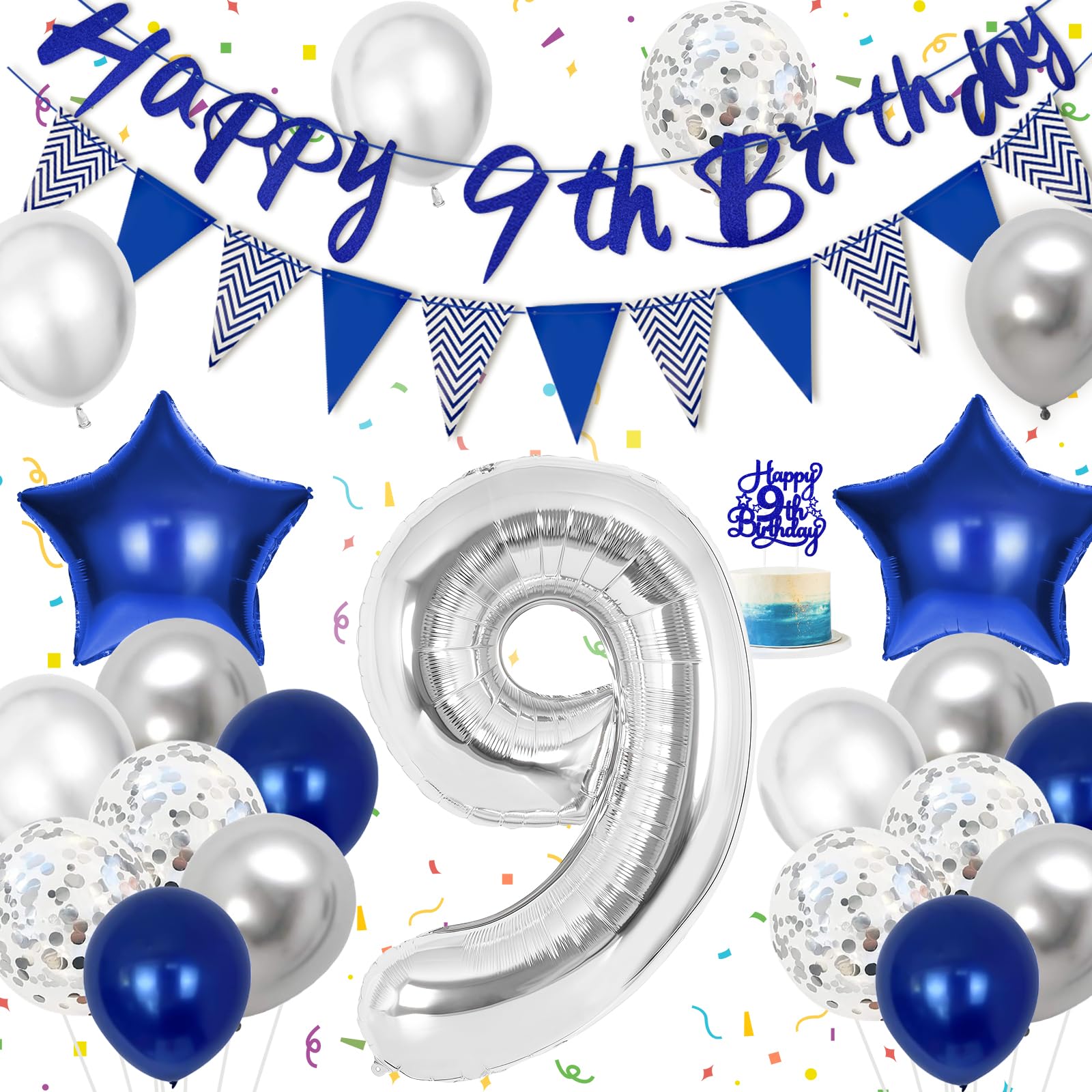 Hierein 9th Birthday Decorations, Blue Silver Latex Birthday Balloons for Boy, Boys Party Decorations Set With 9th Banner, Cake Toppers and Triangle Flags, 9 Blue Party Decoration for Him
