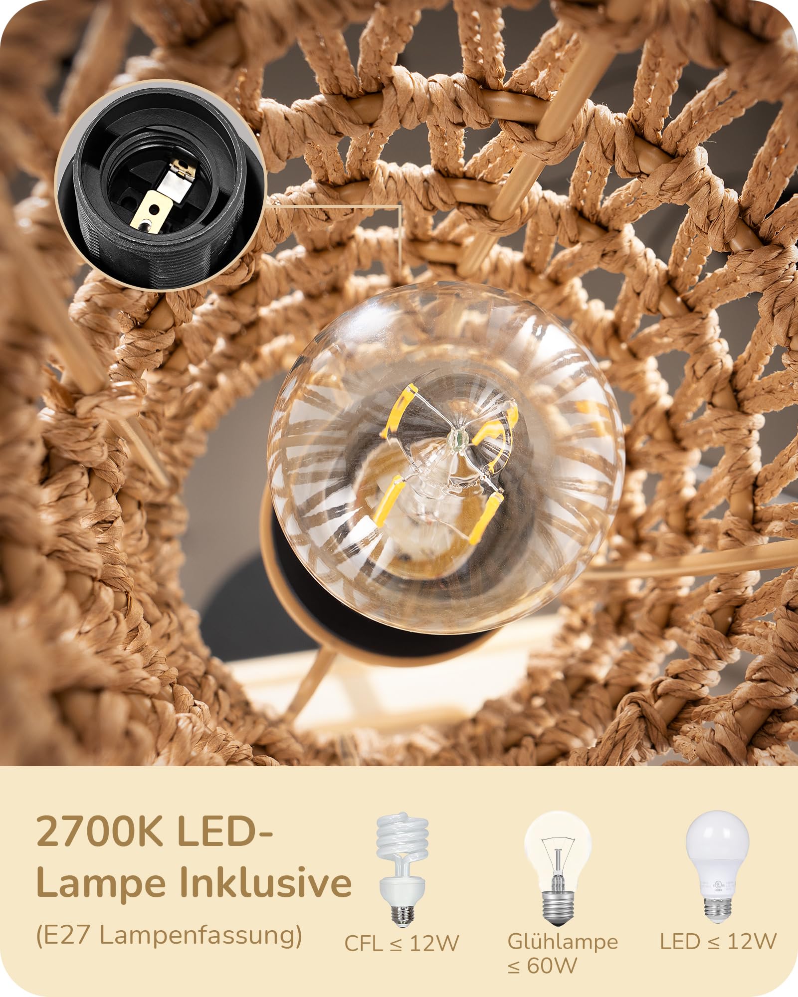 EDISHINE Lampa stojąca LED do salonu, lampa stojąca z abażurem z tkanej liny, lampa stojąca vintage 2700 K, styl boho, E27, do sypialni, pokoju dziecięcego lub sofy narożnej, wysokość 165 cm