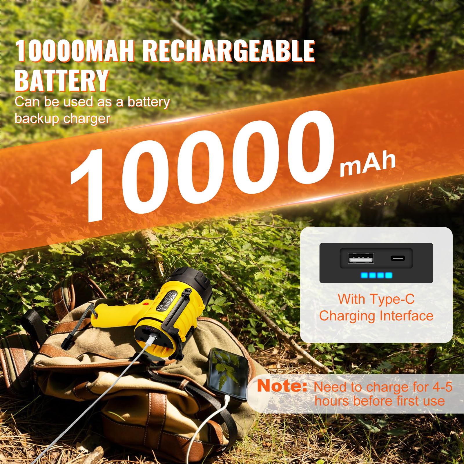 VEVOR Lampe Torche LED Ultra Puissante, 1000000 lm, Lampe de Poche Rechargeable Portable Étanche IP67 avec 4 Modes, Objectif Amovible, Port USB, pour Chasse, Bateau, Camping, Spéléologie, Extérieur