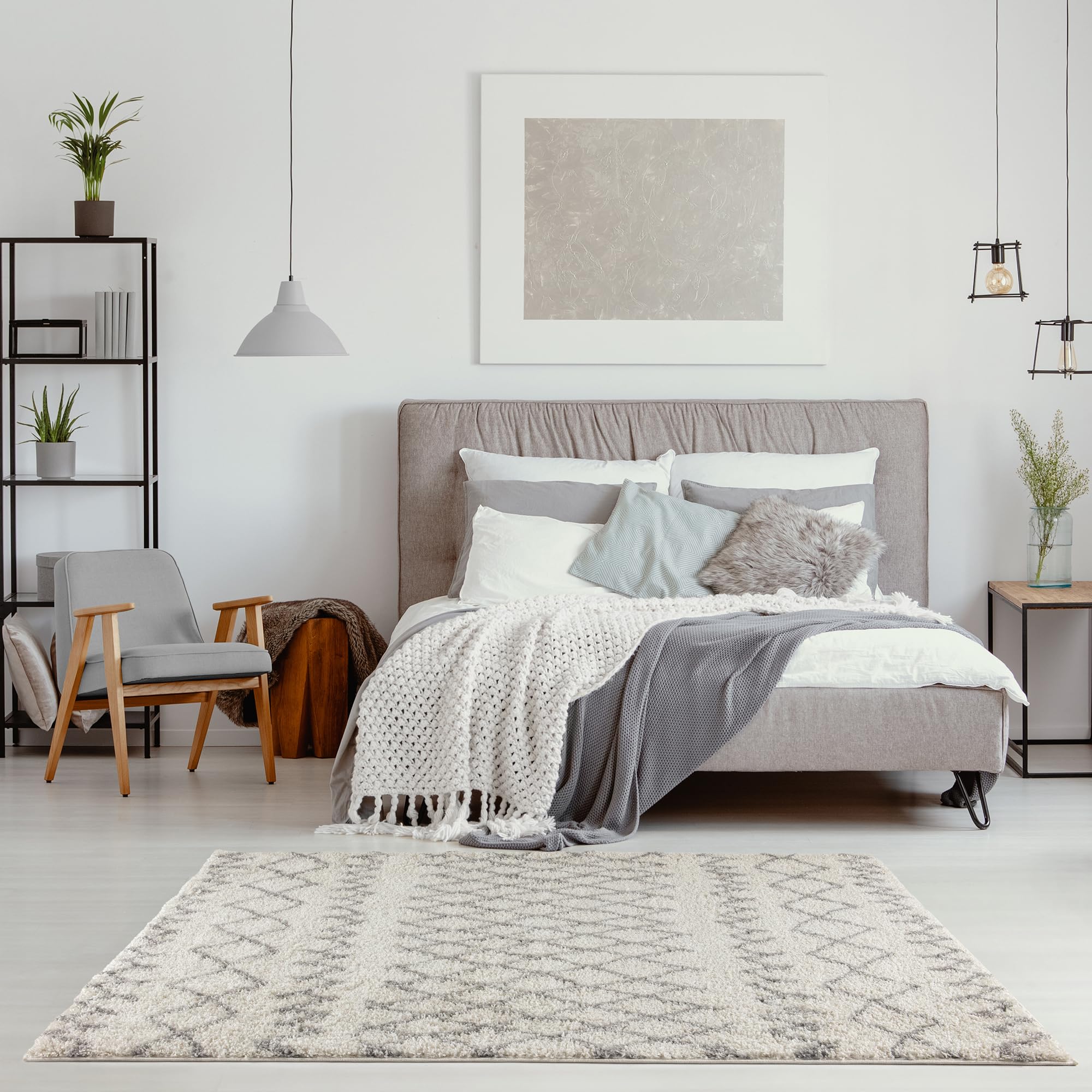 THE RUGS Modern Moroccan Design Living Room and Bedroom Rugs, Non-Shedding & Easy Care (Tangier Ivory/Grey, 80x150 cm) - Image 4