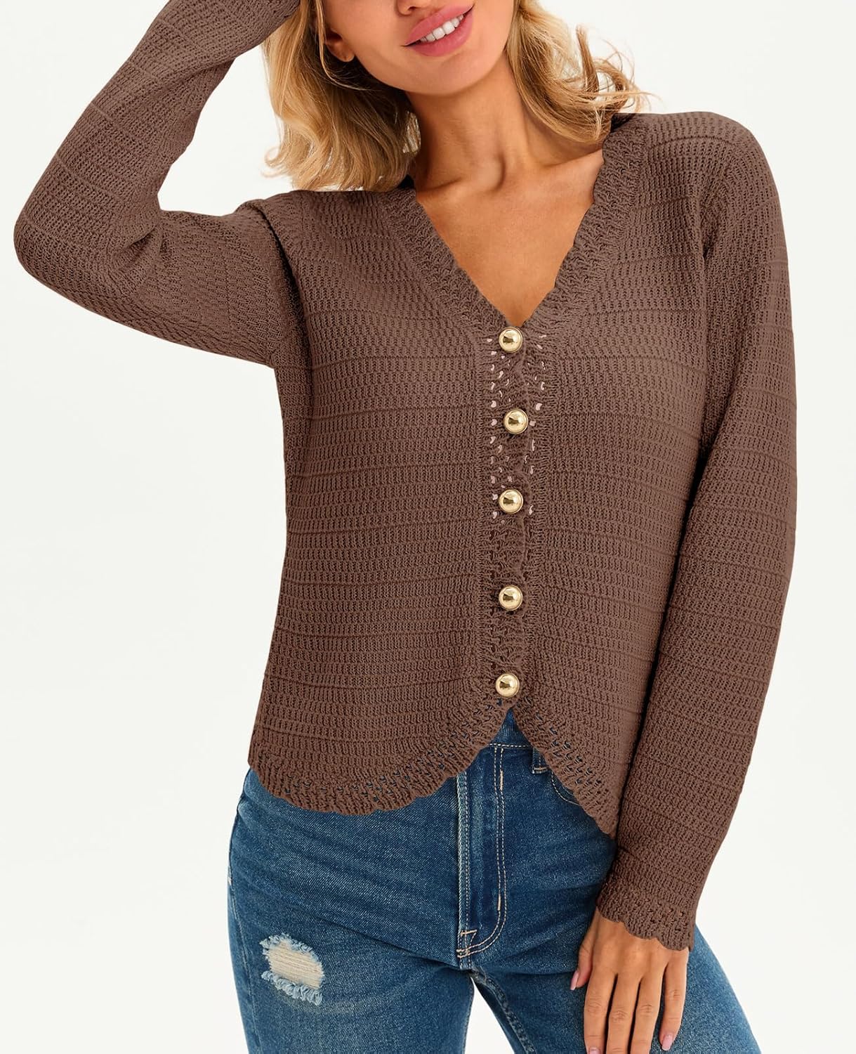 Saodimallsu Womens V Neck Cardigan Sweaters Button Up Cropped Boho Knit Long Sleeve Loose Trendy Sweater Tops - Image 4