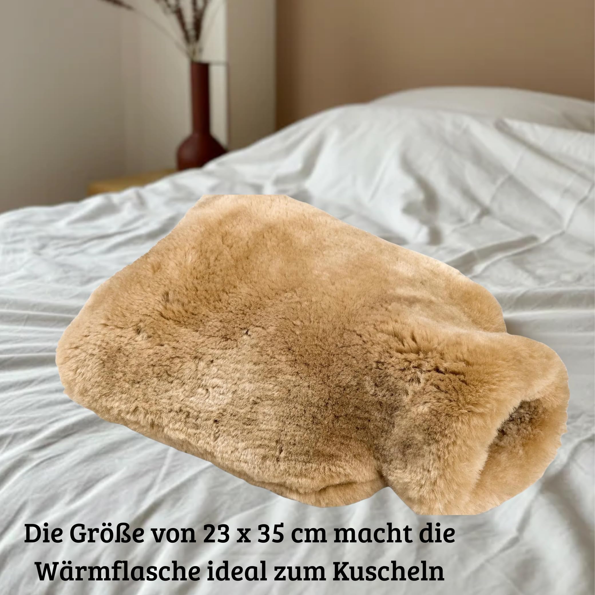 Fellhof Wärmflasche Gross Bezug 100 % Alpakafell | Bettflasche 2 l | Reißverschluss, waschbar bei 30 °C | Wärmflasche mit Bezug Ideal für Babys & Erwachsene | Inkl. Baumwoll-Windel | Geschenk